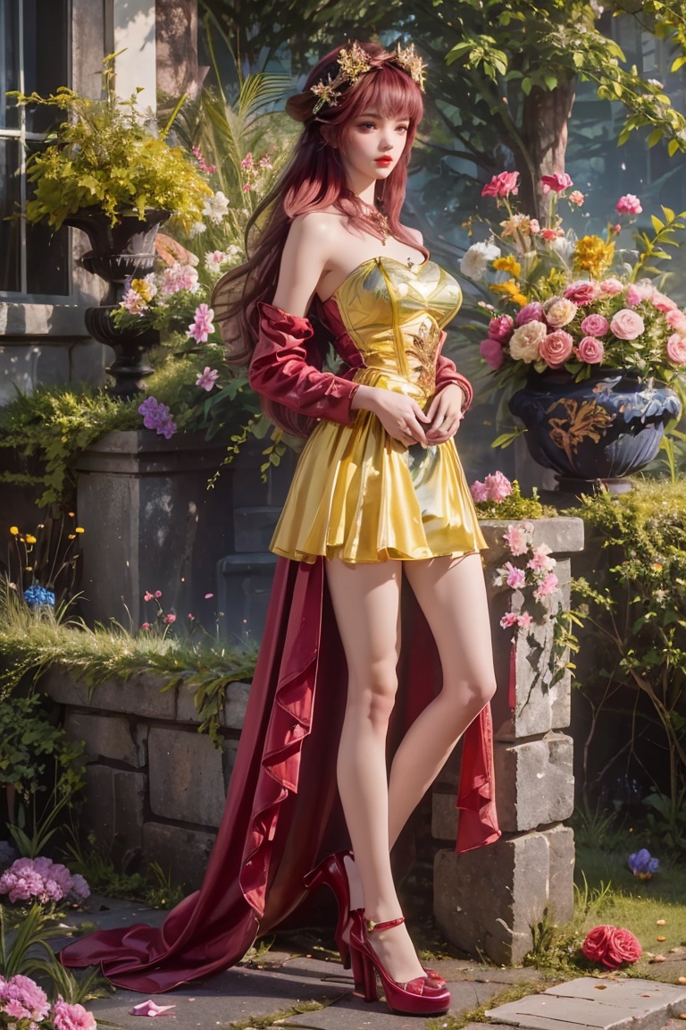 1girl,dress,high heels,long hair,solo,flower,looking at viewer,jewelry,hair ornament,necklace,red lips,purple footwear,pink flower,bare shoulders,full body,blue footwear,facial mark,knees together feet apart,butterfly hair ornament,short dress,petals,bare legs,makeup,curtains,halterneck,(stockings:1.2),Jay Nature,Trees,Forests,Animals,Flowers,Reality,Masterpiece,best quality,official art,extremely detailed CG Unity 8k wallpaper,<lora:20230926-1695663803691:0.3>,<lora:炫彩V1:0.3>,hiqcgbod,outdoors,(see-through:1.3),(bandeau:1.2),(big breasts:1.2),(yellow, green dress),between_legs,(hands in pockets:1.4),red hair,<lora:梦红尘(4):0.65>,sitting,