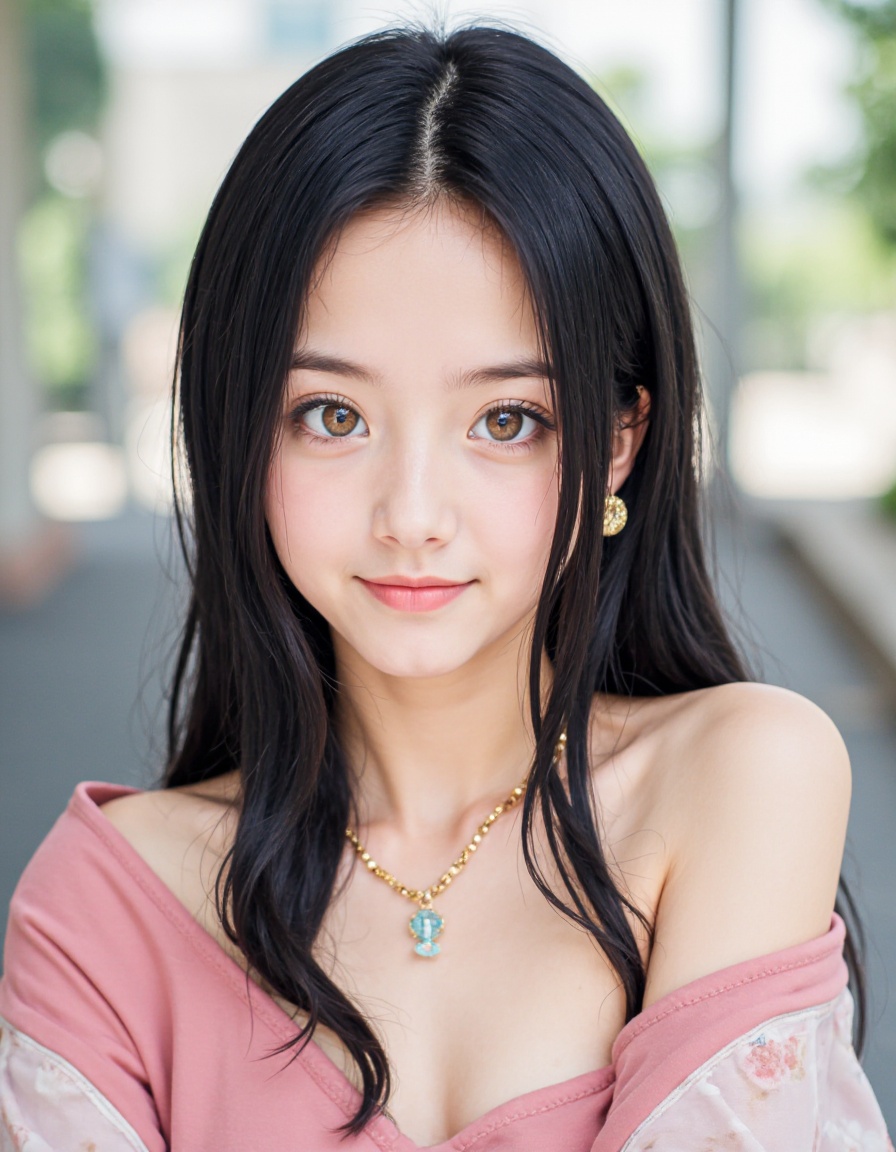 1girl, solo, young, jewelry, realistic, looking at viewer, long hair, black hair, upper body, smirk, closed mouth, outdoors,