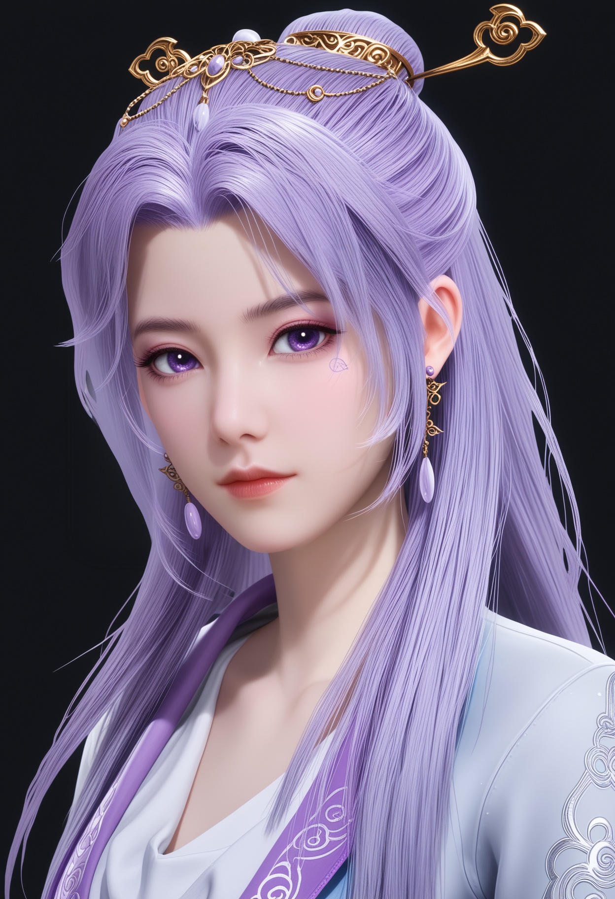 (perfect_anatomy:1.1),upper_body,(looking_at_viewer:1.2),<lora:YQponyyunxiaoxianziV5:0.8>,(q1528437228:1.2),long_hair,solo,1girl,purple_hair,hair_ornament,purple_eyes,jewelry,earrings,realistic,dress,long_sleeves,hair_bun,chinese_clothes,hanfu,blue_eyes,hair_stick,fair_skin,white_skin,shiny_skin,Ivory_skin,perfect_anatomy BREAK perfect_anatomy,(score_9:1.1),(simple background,pure black background,black background:1.1),fair_skin,white_skin,shiny_skin,Ivory_skin,perfect_anatomy,