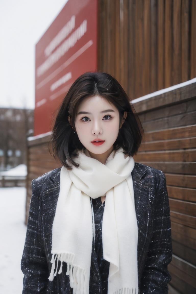 1girl,solo,parted lips,black hair,looking at viewer,best quality,masterpiece,(16k, RAW photo, best quality, masterpiece:1.2),detailed background,105mm,skin tight,(clear eyes:1.2),expressiveh,necklace,makeup,full breasts,(facial focus),beautiful features,(red coat:1.2),(white scarf:1.1),wearing thick clothes,snow,outdoors,winter,snowing,(long hair),,,,(short hair),<lora:冬日人像2.0:0.4>,<lora:LEOSAM's Instant photo 拍立得_Polaroid LoRA_InspX Borderless Version:0.3>,<lora:F60SQ:0.4>