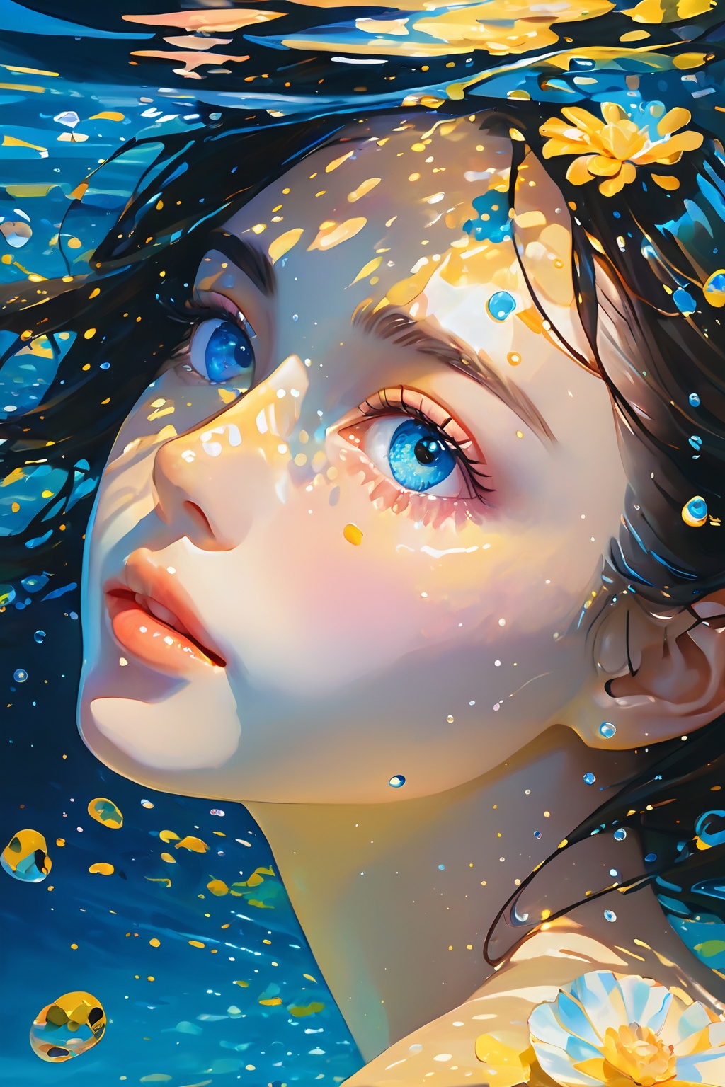 girl swims underwater,hyper detailed render style,glow,yellow,blue,brush,surreal oil painting,shiny eyes,head closeup,exaggerated perspective,tyndall effect,water drops,mother of pearl iridescence,holographic white,black background, <lora:20240510-1715326285381:0.7>