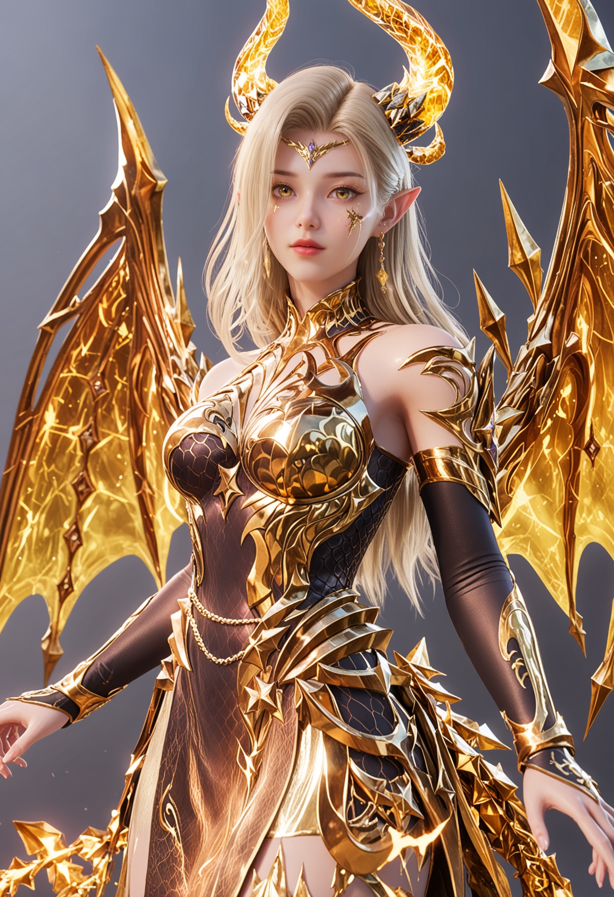 score_9,high detail,best quality,cinematic lighting,volumetric lighting,shiny skin,shiny,1girl,solo,blonde hair,pointy ears,jewelry,yellow eyes,long hair,dragon wings,dragon horns,halo,looking at viewer,white background,earrings,detached sleeves,gold trim,dress,breasts,armor,bare shoulders,tail,simple background,<lora:QQSponyshengyulonglingV1:0.8>,<lora:Pony_DetailV2.0:0.8>,<lora:皮肤凹痕:0.1>,