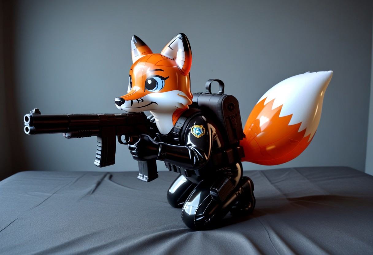 latex inflatable fox, robbing a bank with a gun