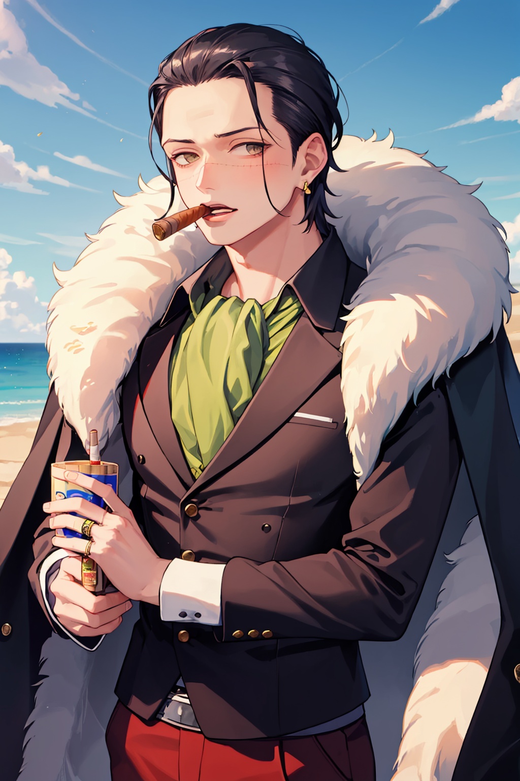 masterpiece,best quality, highly detailed, 1boy,cigar,crocodile (one piece),hair slicked back,male focus,smoking,solo,ascot,coat on shoulders,fur coat,fur trim,hook,multiple rings,earrings,mouth hold,sand,looking at viewer,shirt,long sleeves,pants,upper body,<lora:crocodile_(one_piece):1>