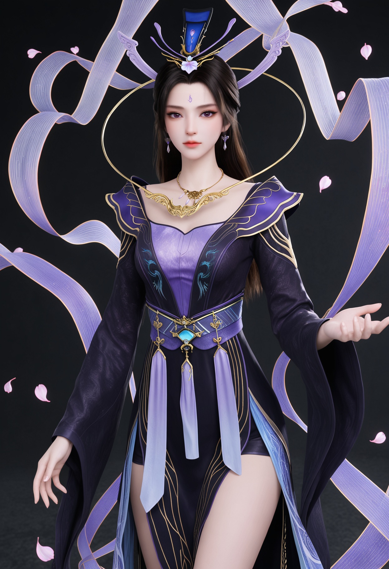 (upper_body:1.2),(looking at viewer:1.1),masterpiece,(best quality),smog,Dark room,dim lighting,peach blossom,falling petals,<lora:YQ_Illustrious光辉v5_紫霞_V1:0.8>,q1528437228,1girl,solo,black hair,long hair,jewelry,hair ornament,dress,earrings,necklace,Celestial streamers,Flowing streamer,Silk streamer,Trailing ribbon,ribbons,long sleeves,forehead mark,sash,chinese clothes,wide sleeves,purple dress,brown hair,shawl,hat,black footwear,black dress,purple eyes,floating,obi,hagoromo,bare legs,brown eyes,hair bun,side slit,