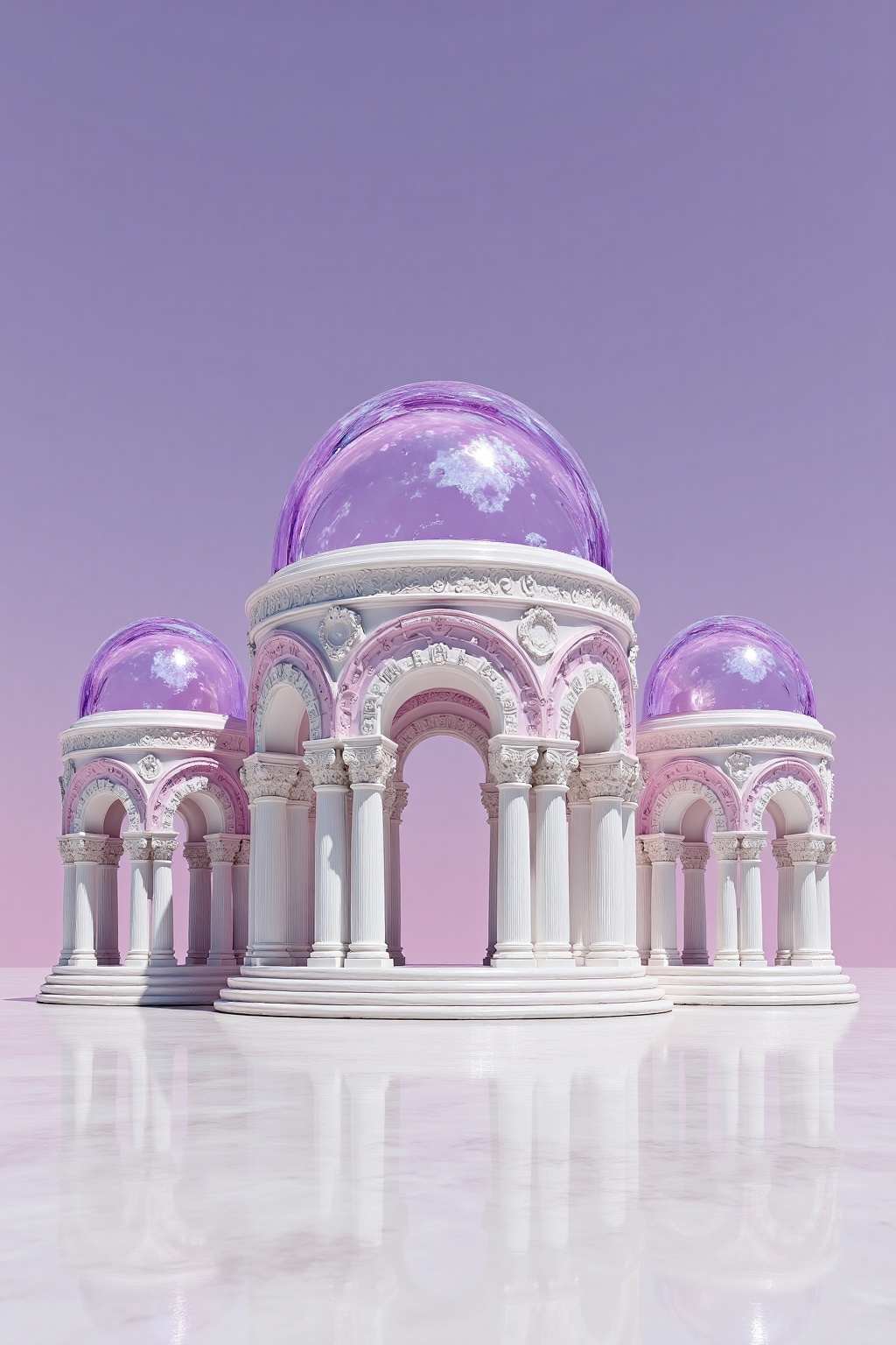 beijihui,Captured at eye-level on a low-angle perspective, a 3D rendering of the Colosseum, adorned with a large circular dome on top of the dome. The dome is adorned with white arches and columns, adding a touch of contrast to the otherwise monochromatic scene. The arches are adorned with an intricate design, while the columns and columns are adorned in a variety of pink and white colors. The columns are arranged in a circular pattern, adding depth to the composition. The floor beneath the structure is a smooth, reflective surface, creating a stark contrast with the purple sky in the background.