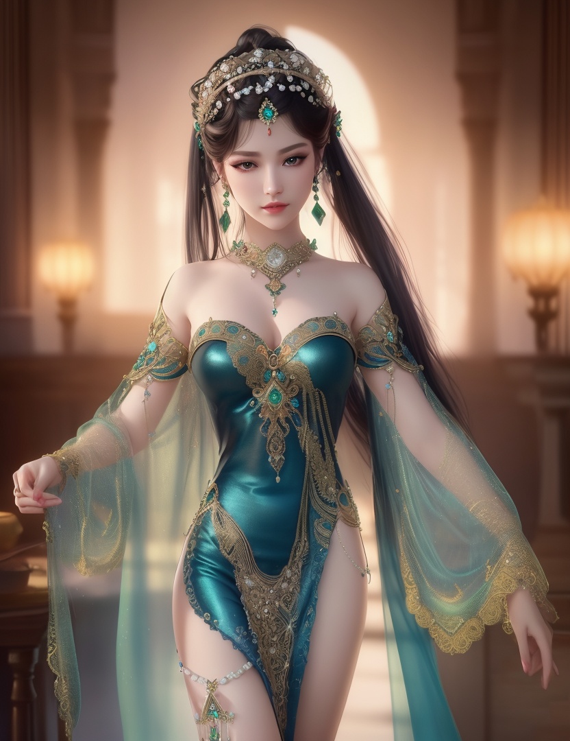 ultra realistic 8k cg, picture-perfect face, flawless, clean, masterpiece, professional artwork, famous artwork, cinematic lighting, cinematic bloom, perfect face, beautiful face, fantasy, dreamlike, unreal, science fiction,  beautiful clothes, lace, lace trim, lace-trimmed legwear,  (rich:1.4), prestige, luxury, jewelry, diamond, gold, pearl, gem, sapphire, ruby, emerald, intricate detail, delicate pattern, charming, alluring, seductive, erotic, enchanting, hair ornament, necklace, earrings, bracelet, armlet,halo((,1girl, pov,))(((,  1girl,  solo,looking at viewer, ))),(((1girl, solo, dress, jewelry)))<lora:DA_WhiteSnakeGreenSnake:0.7>