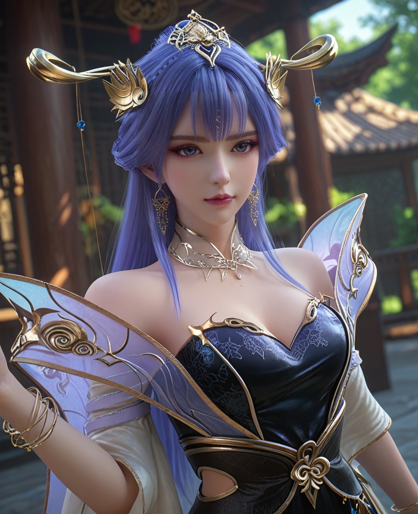 (oriental architecture, elegant decor, sophisticated style:1.1),(Standing, one arm raised, pointing upwards,:1.1),(breasts:1.2),<lora:XL百炼成神天穹:0.9>,miss tianqiong,jewelry,long hair,hair ornament,bangs,blue hair,dress,earrings,bare shoulders,purple eyeshadow,blue eyes,bracelet,cleavage,boots,detached collar,, zPDXL2, score_9, score_8_up, score_7_up BREAK realistic, masterpiece,best quality, highly detailed,, zPDXL3, zPDXL2,zPDXL, zPDXLxxx, zPDXLrl,