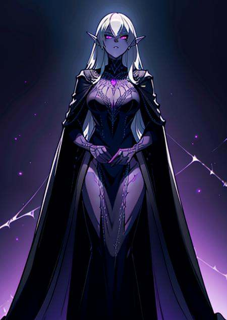 `(1 female, *****, dark elf), long, silver hair, violet eyes, adorned in a spider-silk gown with spider motif, standing before a massive, intricate spider web in a shadowy underdark cavern, realistic, fantasy setting, high resolution, detailed, color <lora:DarkElf_V3:1>`