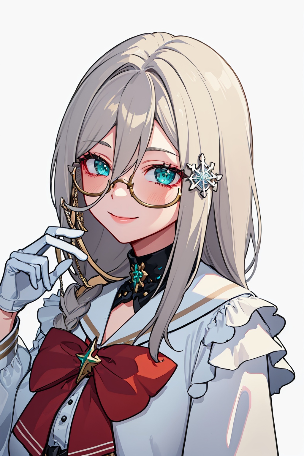 masterpiece,best quality, highly detailed, 1girl,aia amare,looking at viewer,smile,solo,virtual youtuber,white gloves,eyewear strap,long sleeves,red bow,snowflake hair ornament,closed mouth,white background,white dress,hair over shoulder,portrait,upper body,<lora:aia_amare:1>