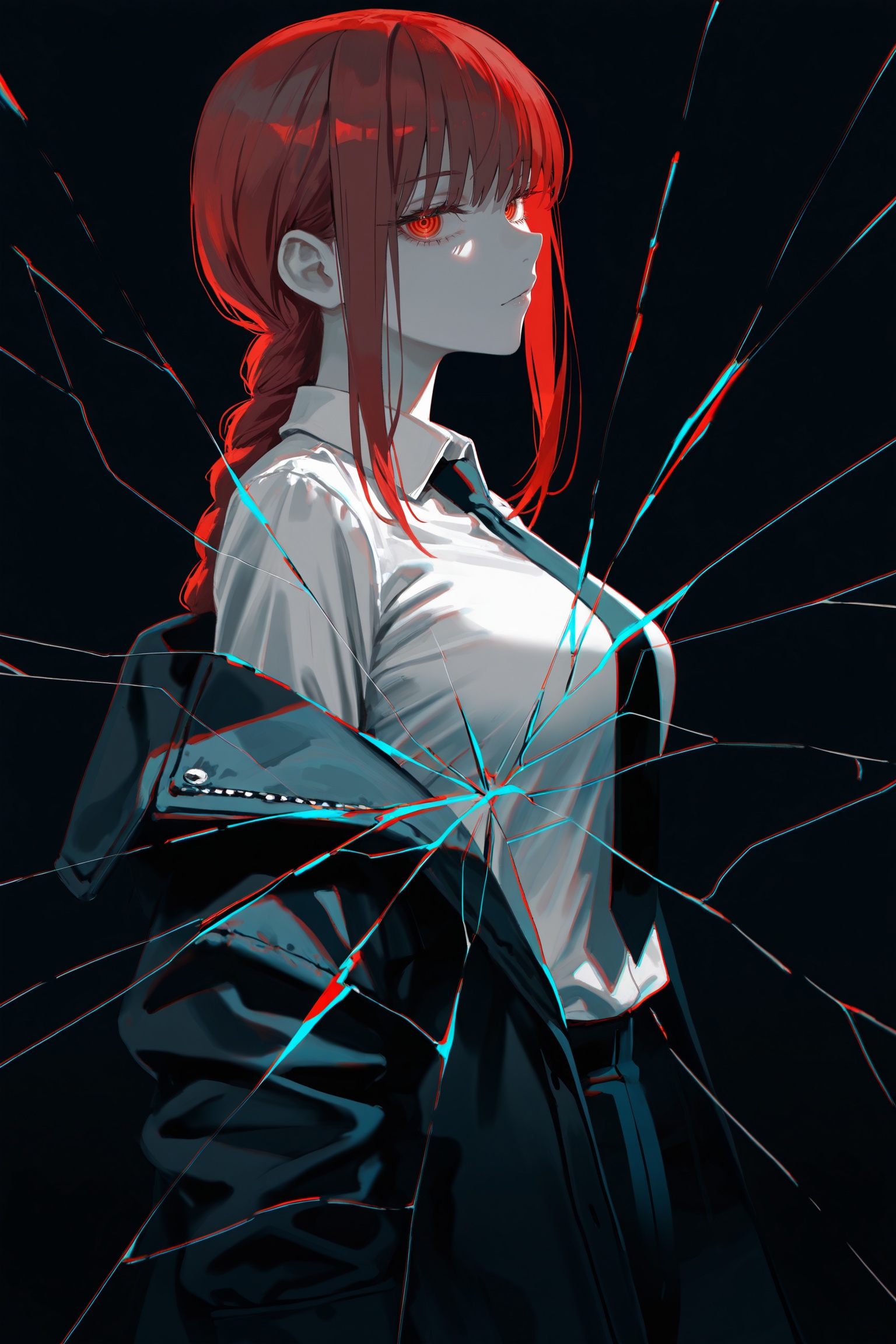 by [lack|fuzichoco|lam|kinta \(distortion\)|wlop|quasarcake|nixeu|happoubi jin],dark,black theme,spot color,red eyes,looking at viewer,makima \(chainsaw man\),jacket,necktie,black background,from side,high contrast,indoors,impasto,cracked glass,reflection,chromatic aberration,glitch,masterpiece,best quality,very aesthetic,absurdres,<lora:illustrious_noobai_epsilon_pred_1_masterpieces_v1:1>,<lora:illustrious_noobai_epsilon_pred_1_best_quality_v1:1>,