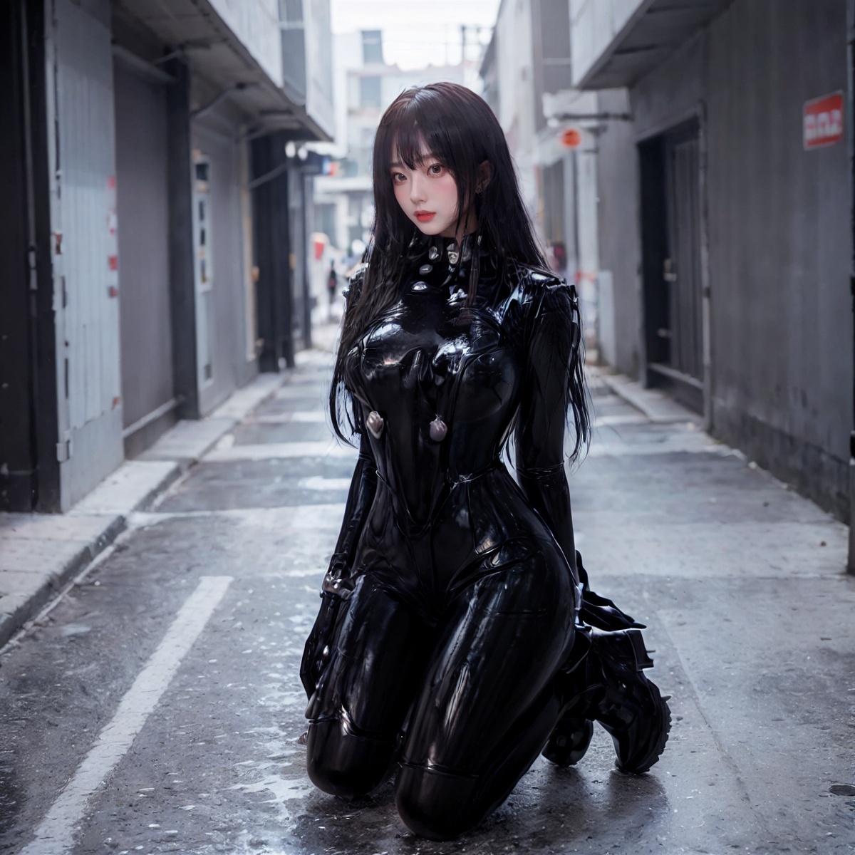 1girl,<lora:Gelcoat_20240117021223-000014:0.8>,full body black tight,black gel coat,in the alley,long hair,enchanting figure,big chest,, masterpiece:1,2), best quality, masterpiece, highres, perfect lighting