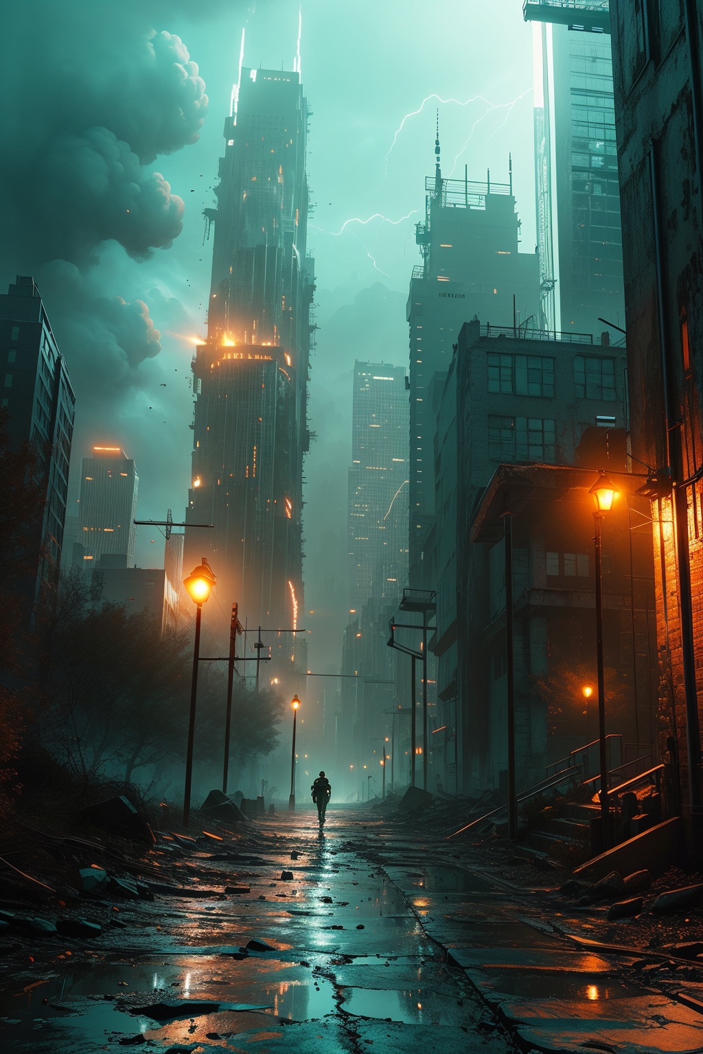 <lora:changjing-000016:0.75>,The apocalyptic cityscape was engulfed by flames, and towering skyscrapers swayed in the background. The prospect is a lonely character, wearing futuristic armor, standing provocatively in the chaos. The scene is bathed in a blazing orange glow, casting dramatic shadows that highlight the complex details of the character's armor. The overall atmosphere is tense and chaotic, giving off a feeling of impending doom. The inspiration for this scene comes from the work of digital artist Simon St å lenhag, known for his stunning dystopian scenery and attention to detail. Stairs, spinning and jumping,