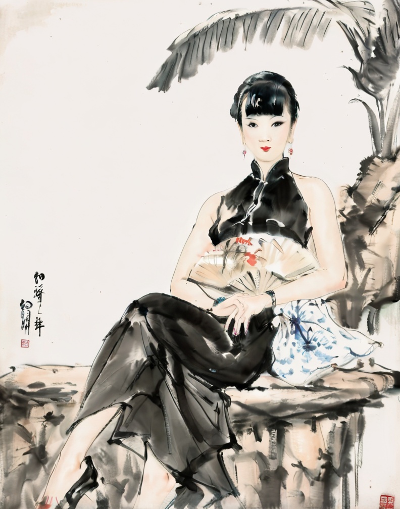 1girl, Baibohua, hand fan, solo, black hair, sitting, dress, holding fan, crossed legs, chinese clothes, jewelry, earrings, china dress, looking at viewer, black dress, sleeveless, holding, bangs, blunt bangs, black eyes, sleeveless dress, makeup, folding fan, nail polish, bare shoulders, lipstick, red lips, lips, pink nails, tree a painting of a woman sitting on a ledge holding a fan and a vase with a palm tree in the background, <lora:XL_Baibo:0.8>