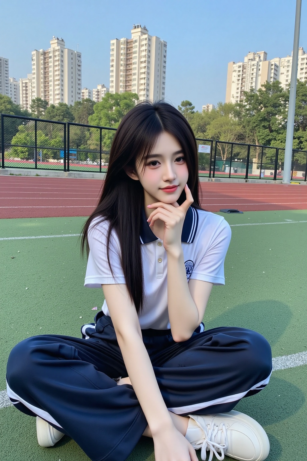 school uniform,beauty,This is a high-resolution photograph of a young Asian woman sitting on a green artificial turf field. She has a fair complexion, long straight black hair that falls past her shoulders, and a slender physique. She is dressed in a casual white polo shirt with a blue collar and a small emblem on the left breast, paired with loose-fitting navy blue track pants with white stripes running along the sides. She is wearing white sneakers with visible laces.The woman is seated cross-legged with her hands resting on her knees, her fingers touching her chin in a thoughtful or contemplative manner. Her expression is soft and slightly playful, with a gentle smile on her face. She has long, dark eyelashes and is wearing minimal makeup, enhancing her natural beauty.In the background, there is a red running track and a black chain-link fence that encloses the field. Beyond the fence, there are several tall buildings, including a high-rise apartment complex, and lush greenery, indicating that the location is likely a sports complex or a park. The sky is clear and blue, suggesting it is a sunny day. The overall mood of the image is serene and relaxed, capturing a moment of quiet contemplation in a picturesque outdoor setting.