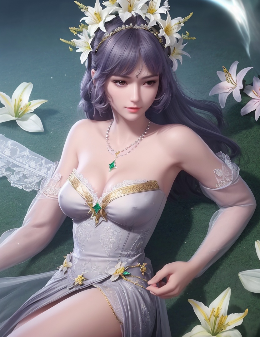 ultra realistic 8k cg, picture-perfect face, flawless, clean, masterpiece, professional artwork, famous artwork, cinematic lighting, cinematic bloom, perfect face, beautiful face, fantasy, dreamlike, unreal, science fiction,   lace, lace trim, lace-trimmed legwear,  (rich:1.4), prestige, luxury, jewelry, diamond, gold, pearl, gem, sapphire, ruby, emerald, intricate detail, delicate pattern, charming, alluring, seductive, erotic, enchanting, hair ornament, necklace, earrings, bracelet, armlet,halo((,1girl, pov,))  ((, 1girl, solo, star_\(symbol\),lily \(flower\),hair flower, dress, jewelry))<lora:DA_BaiChenXiang:0.6>