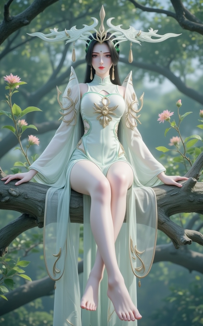 <lora:柳神8:1>,liushen,1girl,bare legs,barefoot,solo,sitting,dress,white dress,jewelry,earrings,tree,black hair,branch,long hair,legs,crossed legs,hair ornament,forehead mark,long sleeves,2,cover,simple background,gradient background,close-up details,outstanding style,adding a touch of dimension to your images without compromising details,close-up,<lora:DJ滤镜_2.5D版:0.4>,lvjing,