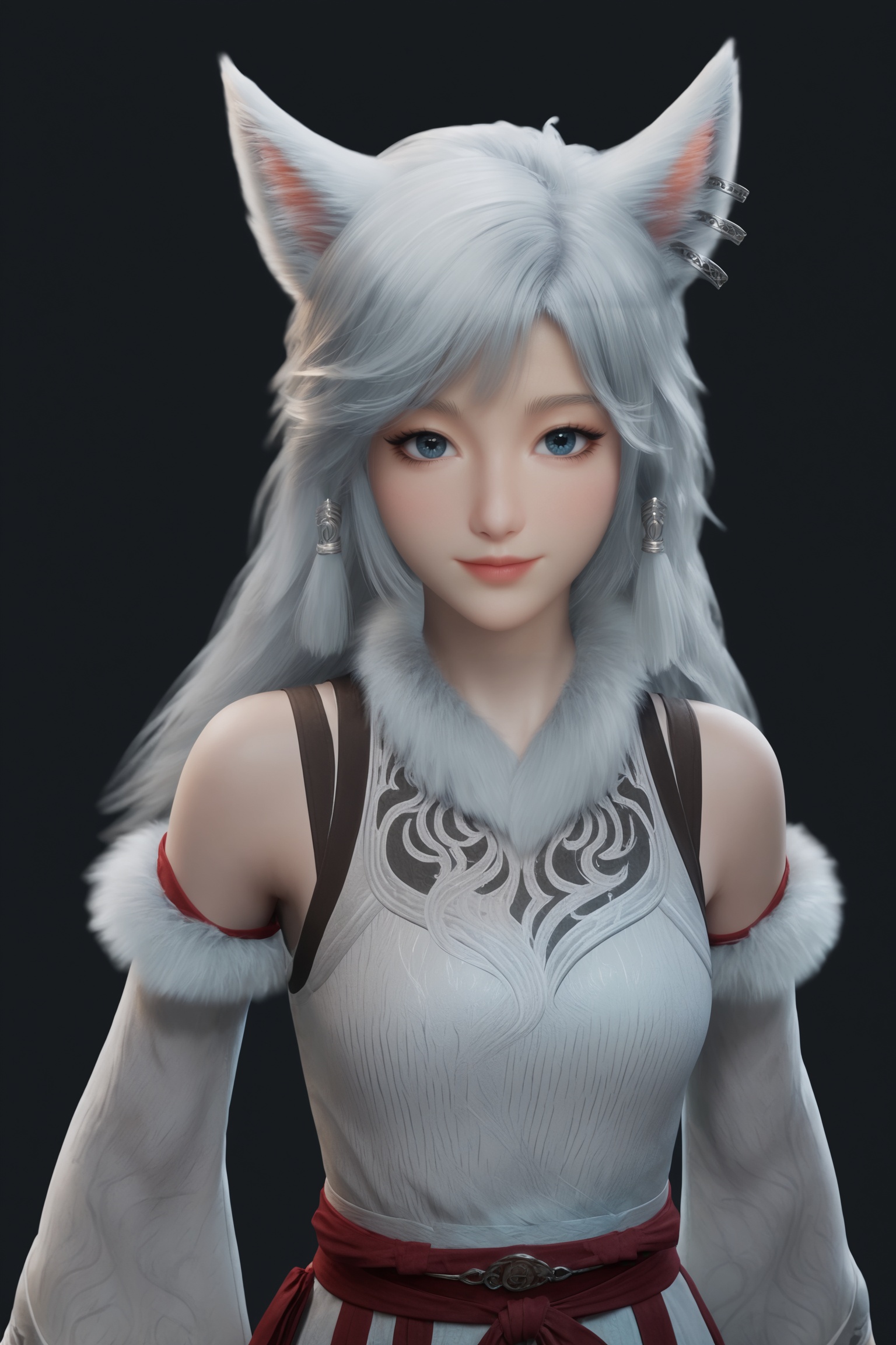 breasts,black background,simple background,photorealistic,1girl,beautiful_detailed_eyes,masterpiece,best quality,cinematic lighting,ethereal,standing,looking at viewer,<lora:凡人-银月Pony:0.7>,1girl,long,flowing white hair,fox ears and tail,small hairpin,blue eyes,sleeveless,white dress with intricate silver embroidery and a red sash tied at the waist. long,flowing sleeves,white fur,