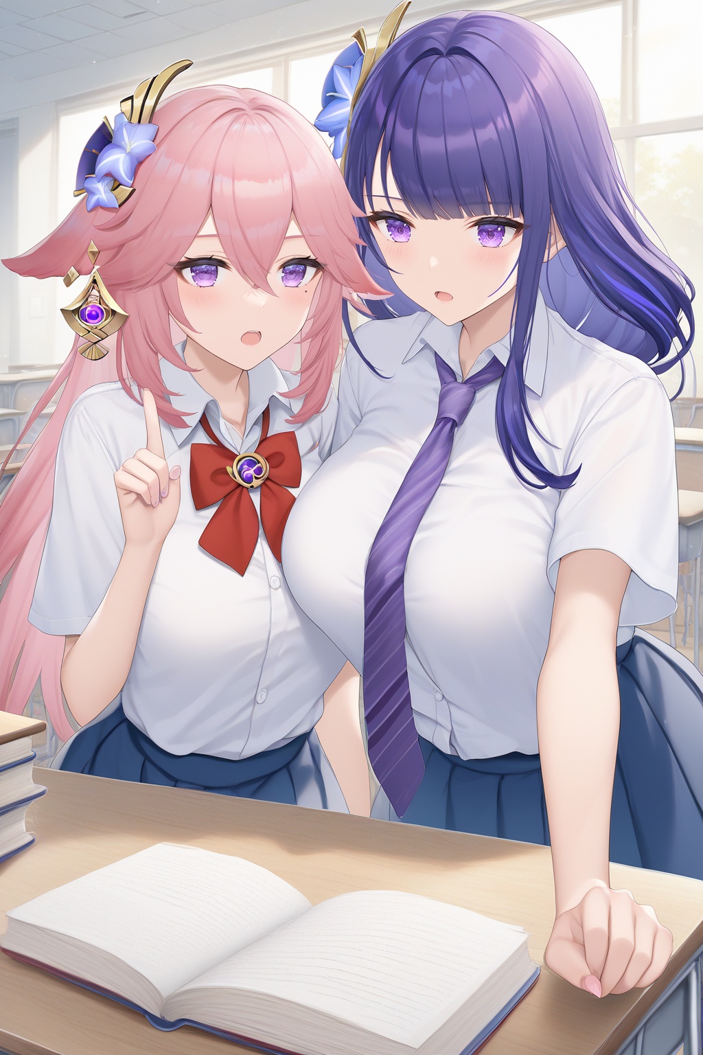 score_9,score_8_up,score_7_up,score_6_up,source_anime,source_cartoon,<lora:Yae MikoTuPONYXL-000008:1>,yae miko,raiden shogun,2girls,purple hair,purple eyes,pink hair,necktie,school uniform,long hair,open mouth,shirt,purple necktie,blush,classroom,hair ornament,alternate costume,white shirt,breasts,indoors,pointing,short sleeves,red bow,mole under eye,bowtie,bow,desk,eraser,book,flower,large breasts,pencil,hair flower,collared shirt,fox ears,contemporary,