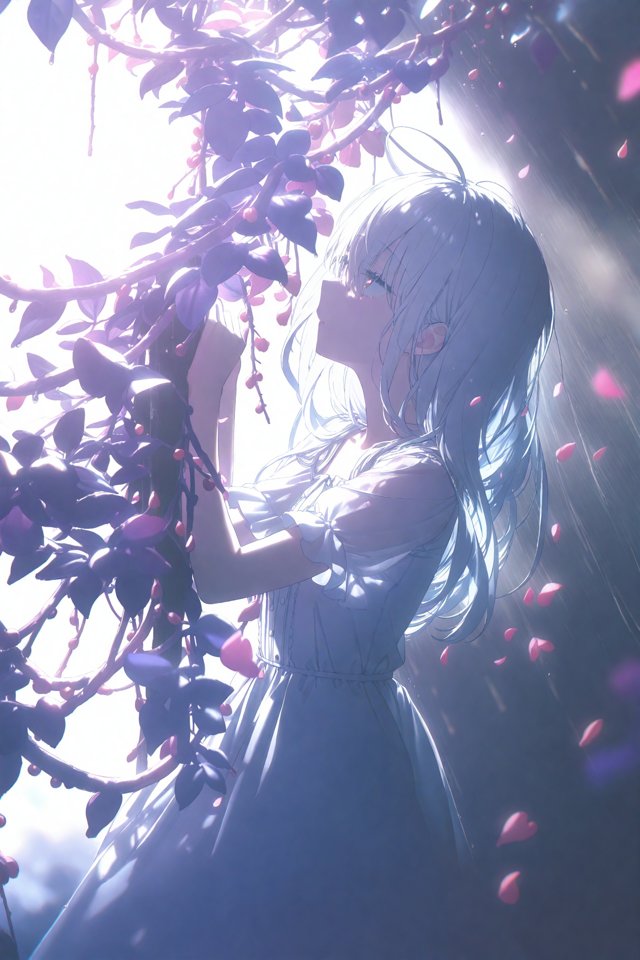 (masterpiece),(best quality),illustration,ultra detailed,hdr,Depth of field,(colorful),loli,white background,Dundar effect,a lot of purple vines,vines covering half of the painting,delicate plant details,a girl,girl,petite girl,long white hair,golden pupils,white dress,bare feet,side,side,upper body,head up,sad eyes,rain,light,figure light,petals,purple filter,left,fog,dream,unreal,Blur,float light,