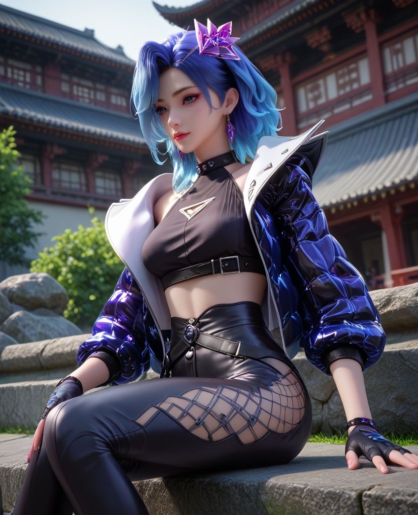 (oriental architecture, elegant decor, sophisticated style:1.1),(Feet crossed at the ankles, seated:1.1),(breasts:1.2),<lora:XL16克金玩家柳菲:0.95>,miss liufei,atropurpureus jacket,black crop top,blue eyes,blue hair,hair ornament,earrings,gem,black fingerless gloves,tattoo,belt,leggings with built-in heels,, score_9,score_8_up,score_7_up,score_6_up,score_5_up,score_4_up,3d rendering,tag1,tag2, Cinematic Lighting,backlighting,, zPDXL3, zPDXL2,zPDXL, zPDXLxxx, zPDXLrl,