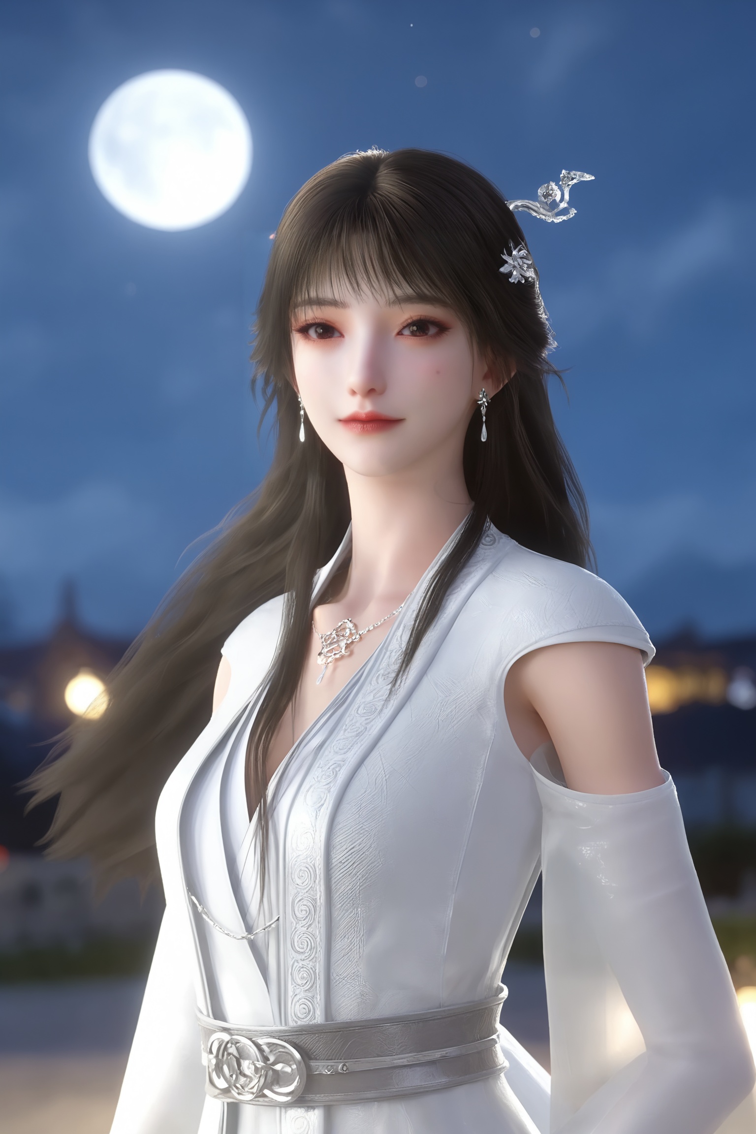 <lora:新神墓-雨馨Pony:0.7>,1girl,long,straight black hair,silver hairpin,flowing,ethereal white robe with intricate,silver embroidery,V-neck,silver belt,long sleeves,1girl,solo,shiny,shiny_hair,upper_body,fair_skin,white_skin,shiny_skin,shiny,Ivory_skin,looking at viewer,cinematic lighting,volumetric lighting,solo focus,blurry background,depth of field,night,sky,night sky,full moon,moonlight,
