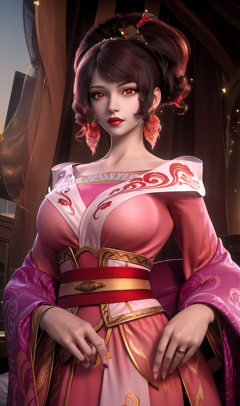 3D,masterpiece,(best quality),(makeup),official art, extremely detailed cg 8k wallpaper,((crystalstexture skin)), (extremely delicate and beautiful),(highly detailed),(face),(tiara),(hairpin),(closed_mouth),(1girl), (solo), (jewelry), (earrings),(brown_hair),(long_hair),(hair_ornament),(handwear),(breasts),(standing),(hand),((upper_body)),(dress),(shiny_clothes),(city,outdoor,bed),(long_sleeves),(multicolored_clothes),(multicolored_dress),(sash),,((looking_at_viewer)),((Facing the camera)), <lora:hipoly3DModelLora_v10:0.3>