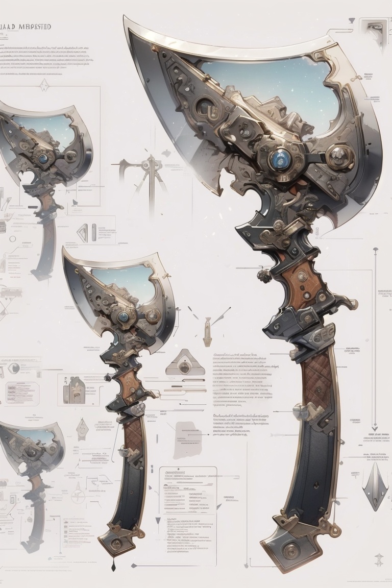 ((HRD, HUD, 8K)),((masterpiece, best quality)), highly detailed, photo_\(medium\),GameWeapon, no humans, science fiction, english text, simple background, white background, fantasy, concept art, from side, multiple views, grey background, arrow (symbol), weapon, axe, <lora:20240218-1708226210017:0.9>