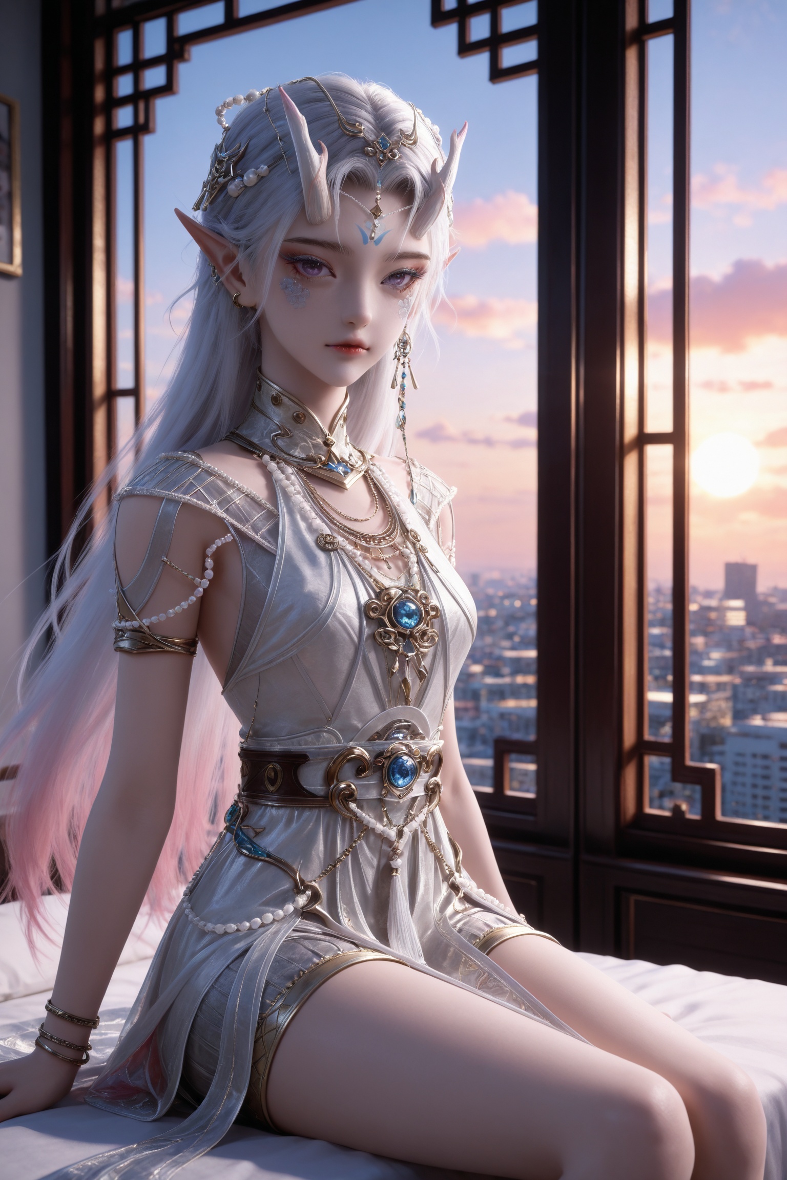 Nai3 style,realistic style photo,outstanding style,Use soft lighting to cast gentle shadows on the subject,adding a touch of dimension to your images without compromising details,whirls of vapor,(Anime:1.1),soft neon light,ethereal ambiance,delicate details,magical atmosphere,concept art,highly detailed,ultra-high resolution,32K UHD,sharp focus,best-quality,masterpiece,golden hour,unconventional supreme masterpiece,masterful details,temperate atmosphere,with a high-end texture,in the style of fashion photography,magazine style,Dynamic Angle,Dynamic posture,magazine style,Dynamic Angle,Dynamic posture,(cowboy_shot:1.2),eye trail,depth of field,cinematic lighting,lens flare,close-up,extreme aesthetic,(wlop:0.6),(honjou raita,lack,rella,wanke:0.5),masterpiece,best quality,good quality,newest,year 2025,very aesthetic,absurdres,Visual impact,A shot with tension,ultra-high resolution,32K UHD,sharp focus,best-quality,masterpiece,Emotionalization,unconventional supreme masterpiece,masterful details,temperate atmosphere,with a high-end texture,in the style of fashion photography,(Visual impact:1.2),giving the poster a dynamic and visually striking appearance,<lora:百炼成神3-封念云IL:0.7>,1girl,long hair,white hair,pointy ears,hair ornament,facial mark,eyelashes,purple eyes,bracelet,horns,white dress,armlet,gem,anklet,long legs,toenails,shorts,, 1girl,solo,sitting,window,frills,sky,cloud,indoors,cityscape,closed_mouth,sun,looking at viewer,