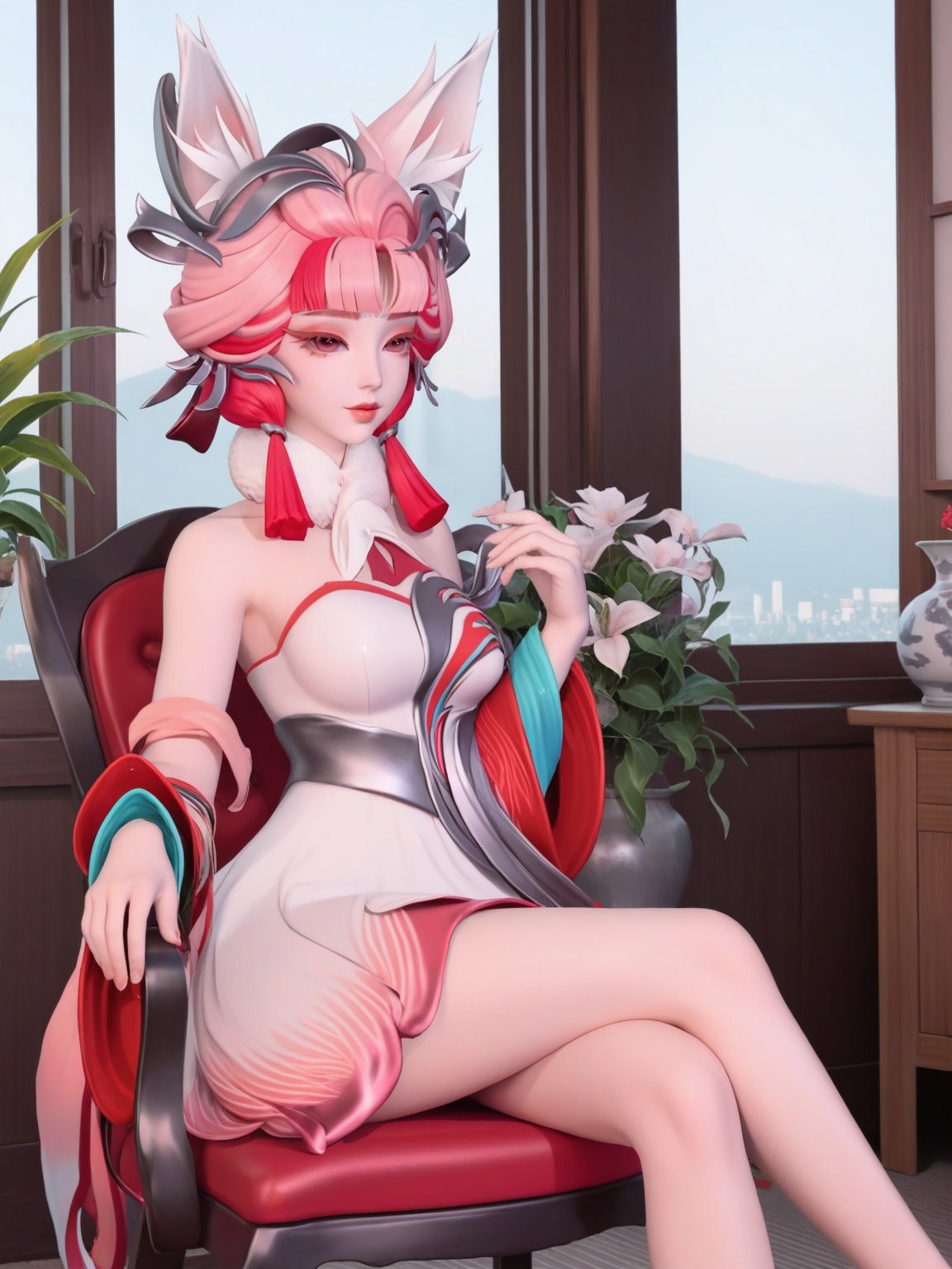 score_9,<lora:SF_DaJi_QQH_Pony_Realism2.3-000004:0.75>,1girl,SFDaJie,breasts,looking at viewer,dress,hair ornament,pink hair,multicolored hair,bare shoulders,lipstick,makeup,eyelashes,eyeshadow,fox ears,fur collar,skirt, hair ribbon,long sleeves,solo,cross legs,pink eyes,full shot,cowboy shot,sitting,ribbon,tassel,chair,window,indoors,flower flower pot,