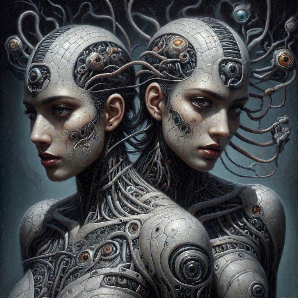 Nanopunk cyber gothic hybrid biomorphed man and woman ,  covered with nanites skin texture,  nanite swarms on Tensor.Art