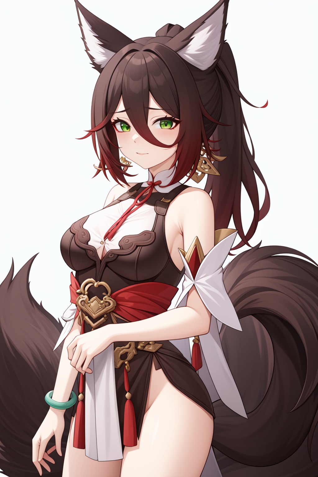 <lora:停云:1:lbw=char>,tingyun,animal ears,green eyes,breasts,brown hair,tail,hair between eyes,fox ears,jewelry,animal ear fluff,ponytail,long hair,fox tail,bracelet,, 1girl,,  (masterpiece,best quality:1.2),absurdres