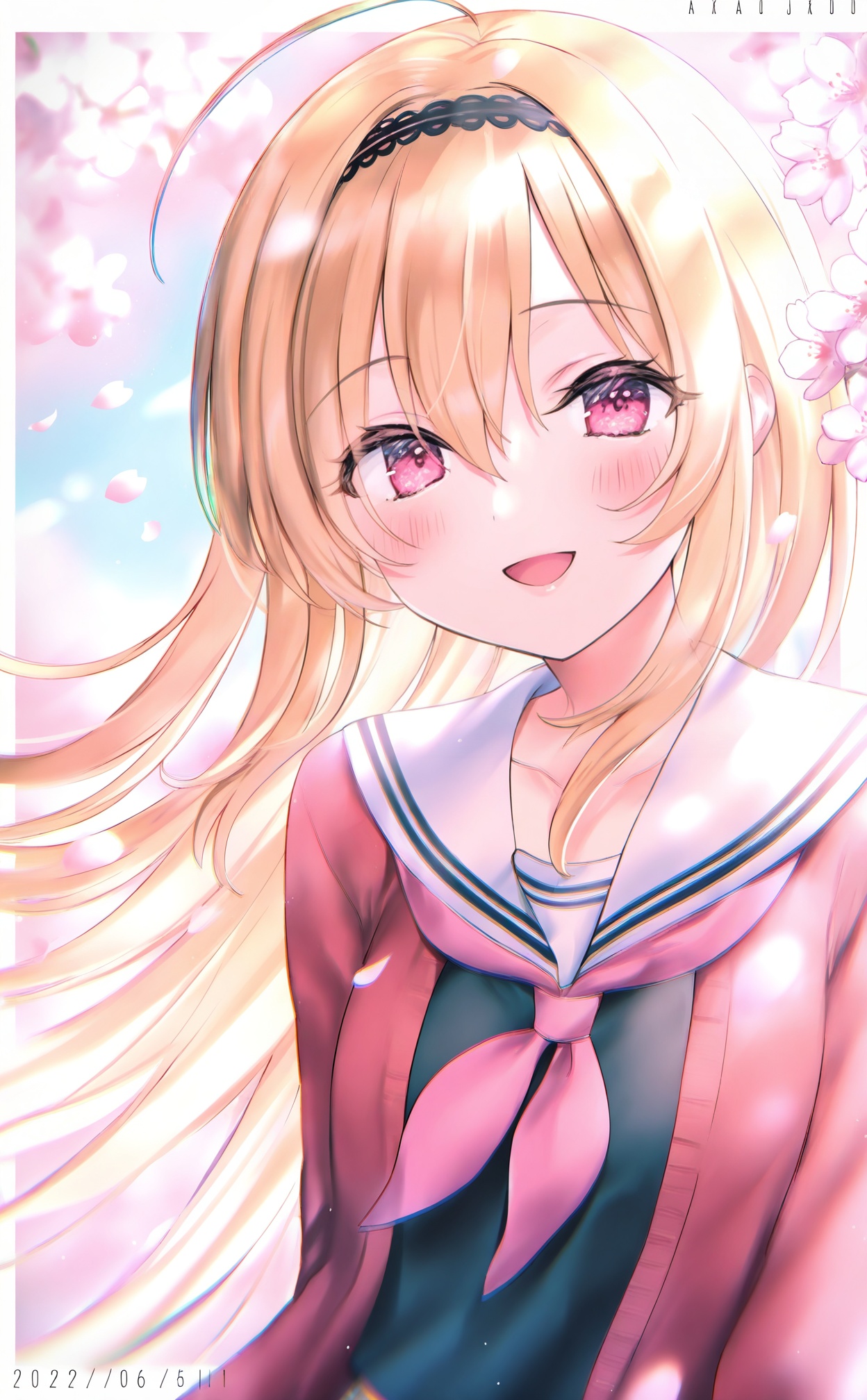 masterpiece,absurdres,best quality,high quality,chromatic_aberration,//,1girl,red_cardigan,blonde_hair,solo,long_hair,school_uniform,cherry_blossoms,smile,upper_body,hairband,looking_at_viewer,neckerchief,open_mouth,sailor_collar,cardigan,serafuku,hair_between_eyes,collarbone,open_cardigan,flower,blush,open_clothes,petals,red_neckerchief,pink_eyes,blurry,long_sleeves,shirt,ahoge,white_sailor_collar,floating_hair,black_hairband,character_name,very_long_hair,black_shirt,:d,red_eyes,pink_neckerchief,border,dated,//,//,<lora:nekoyashiki_pushio——【CKXL】hans:1>,
