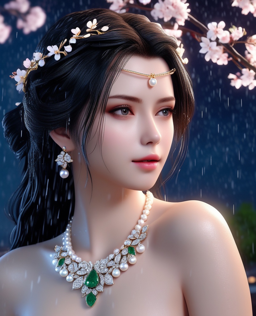 <lora:592-DA-XL-星辰变-姜立:0.8>(,1girl, ,best quality, ),looking at viewer, ,ultra detailed 8k cg, ultra detailed background,  ultra realistic 8k cg,          cinematic lighting, cinematic bloom, (( , )),,  , unreal, science fiction,  luxury, jewelry, diamond, pearl, gem, sapphire, ruby, emerald, intricate detail, delicate pattern, charming, alluring, seductive, erotic, enchanting, hair ornament, necklace, earrings, bracelet, armlet,halo,masterpiece, (( , )),,  ,cherry blossoms,(((, night,night sky,,  ultra high res, (photorealistic:1.4), raw photo, 1girl, , rain, sweat, ,wet, )))(( , ))   (cleavage), (),