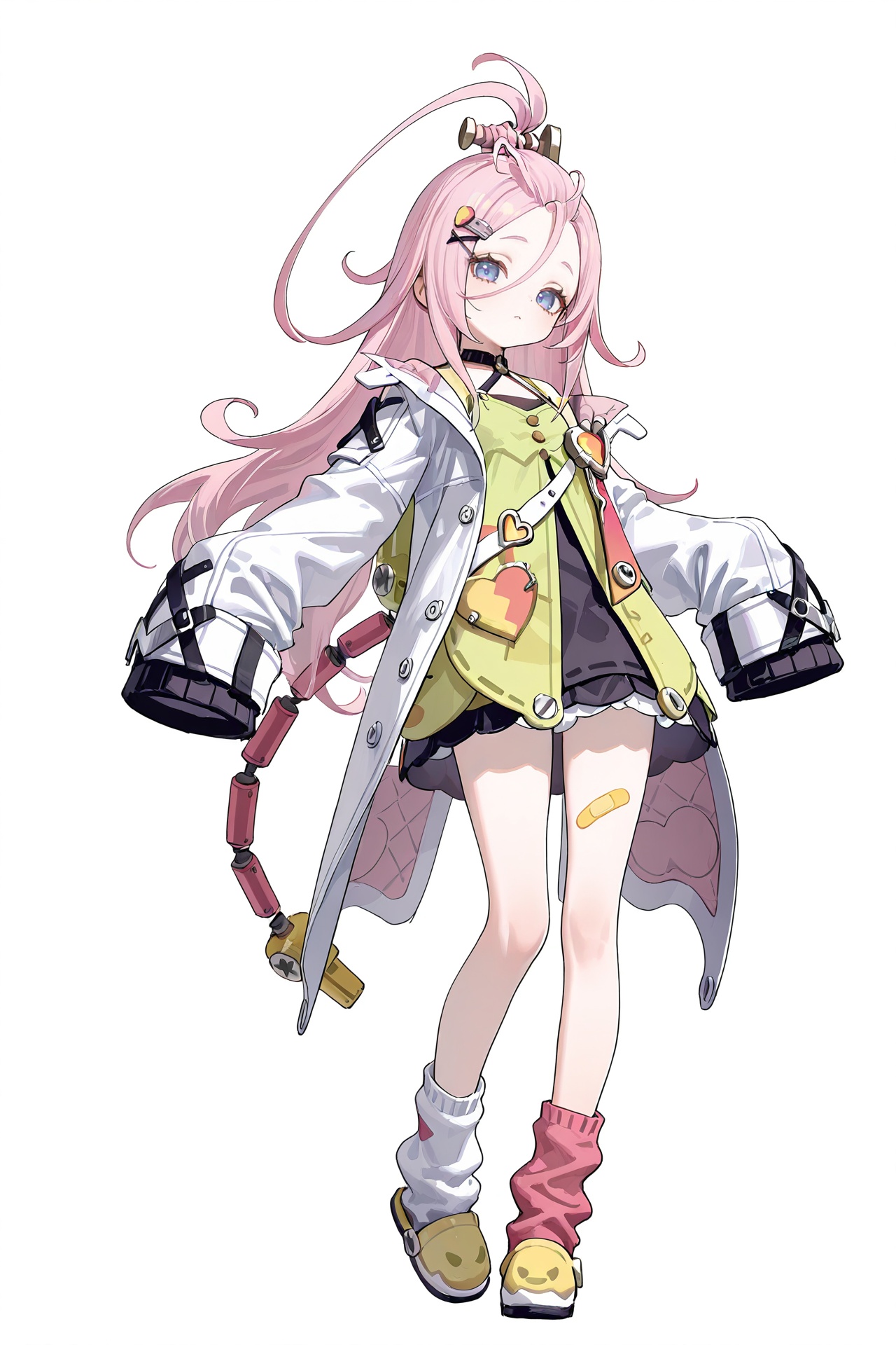 8k,best quality,masterpiece,(ultra-detailed),(high detailed skin),(artist:reoen:0.826446),(artist:machi:0.9),(artist:ningen_mame:0.9),(artist:sho_(sho_lwlw):0.9),(artist:rhasta:0.9),(artist:wlop:0.7),(artist:ke-ta:0.6),(fkey:0.5),(tianliang duohe fangdongye:0.5),(hiten \(hitenkei\):0.6),best quality,amazing quality,(artist:onineko:0.826446),very aesthetic,bokeh,(solo:1.2),simple background,(white background:1.2),(white background:1.1),full body,full shot,standing,looking at viewer,(solo:1.2),simple background,(white background:1.2),(white background:1.1),<lora:aino-ill-Tanger-000014:0.8>,aino \(Genshin Impact\),clothes: ainodef clothes,ainodef open jacket,ainodef short dress,1girl,long hair,hair ornament,sleeves past wrists,pink hair,sleeves past fingers,blue eyes,bandaid on left leg,ainodef asymmetric Loose socks,pink sock,white sock,fake tail,
