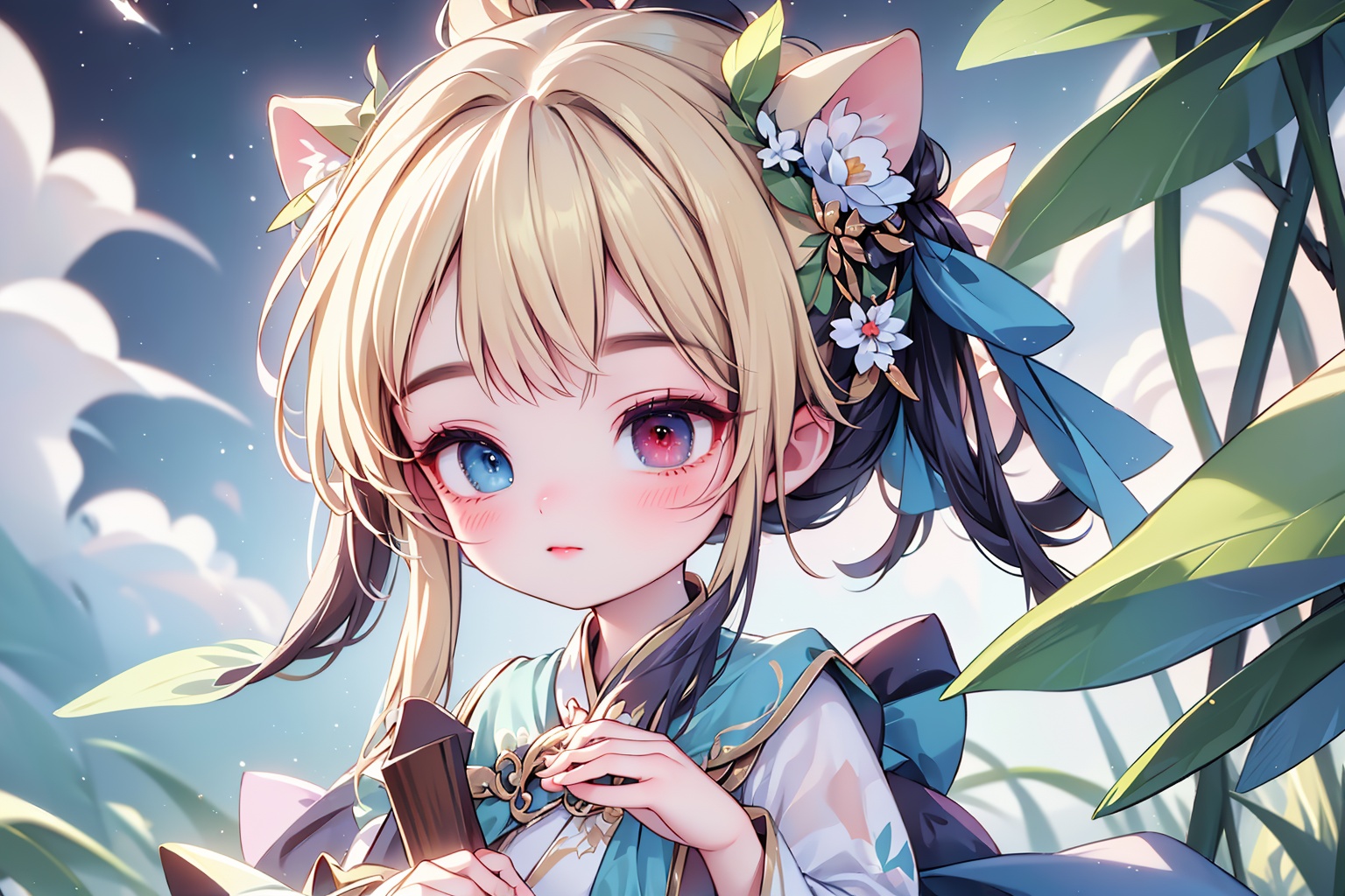 (best quality:1.4),(masterpiece:1.4),(8K:1.4),(extremely detailed:1.4),1girl,bangs,beach,bird,black legwear,(heterochromia:1.4),(red eyes:1.4),(blue eyes:1.4),very long blonde hair,cat ears clouds,blue sailor collar,blue skirt,blue sky,blush,red bow,closed mouth,cloud,cloudy sky,condensation trail,day,standing by the sea,
