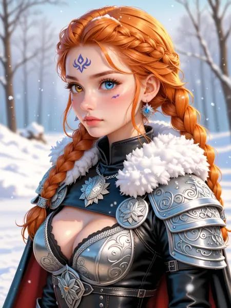 score_9, score_8_up, score_8, score_7_up, score_7, heterochromia eyes, 25yo, medium breasts, detailed eyes, detailed, 8k, HDR, face focus, realistic skin, retro art, dynamic, stylized, illustration, dynamic pose, nsfw, 1girl, solo, tall body, slender body, fit body, long legs, deep cleavage, freckles on the face, long hair, looking at viewer, blush, bangs, gloves, long sleeves, white background, dress, ribbon, twintails, jewelry, very long hair, closed mouth, standing, upper body, weapon, braid, red hair, earrings, outdoors, black gloves, belt, sword, necklace, cape, orange hair, armor, mole, blurry, twin braids, from side, lips, looking to the side, fur trim, tattoo, blurry background, scar, facial mark, looking away, shoulder armor, gauntlets, sheath, hair over shoulder, cloak, snow, forehead, fur collar, sheathed, snowing, forehead mark, nose, red cape, black cape, leather, facial tattoo, weapon on back, leather gloves, chainmail, multiple braids