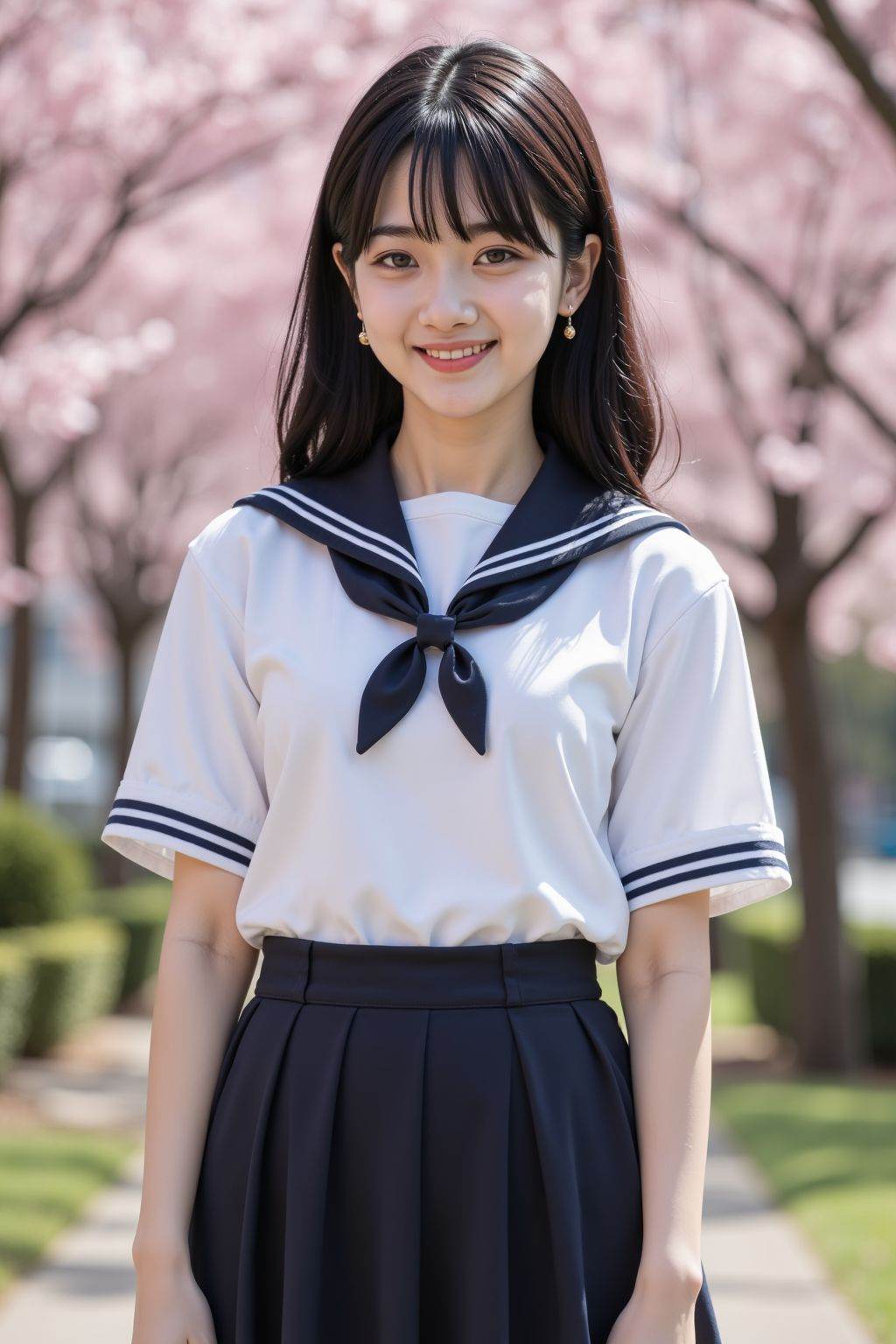 HDR photo of cinematic film still,young girl,solo,black hair,smirk,school uniforms,skirt,peach blossom,outdoors,