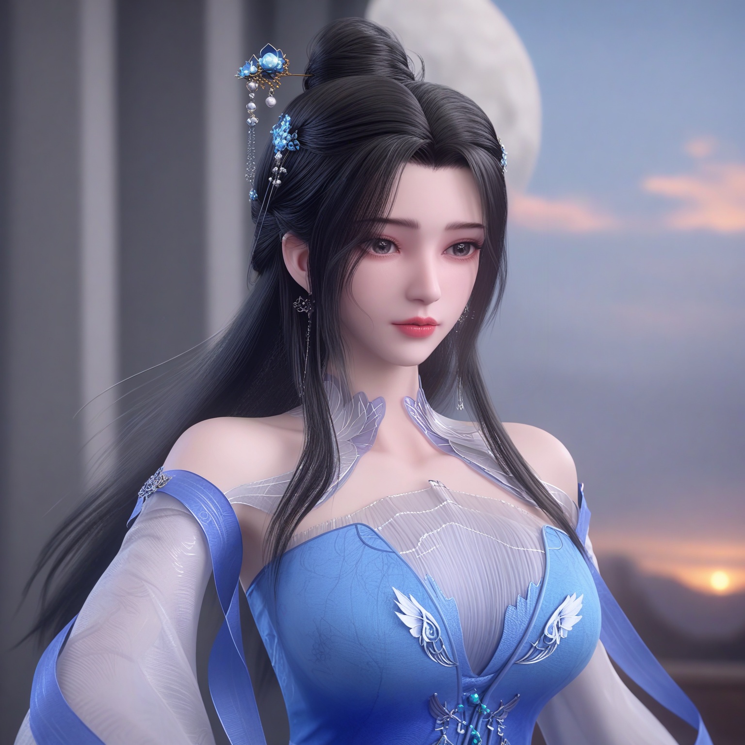 (upper_body:1.1),(huge breasts:0.9),<lora:YQponylimuwan1V4:0.8>,(q1528437228:1.1),solo,1girl,black_hair,long_hair,hair_ornament,dress,jewelry,earrings,blue_dress,hair_bun,chinese_clothes,long_sleeves,single_hair_bun,realistic,black_eyes,bare_shoulders,ponytail,hanfu,see-through,hair_stick,detached_sleeves,blush,(looking_at_viewer:1.1),BREAKintricate details,shiny_skin,solo focus,(blurry background:1.1),(depth of field:1.1),perfect_anatomy,(cinematic lighting:0.9),(volumetric lighting:0.9),light rays,shiny clothes,light beam,hourglass,(Short torso:1.1),(High waistline:1.1),(planet,:1.2),