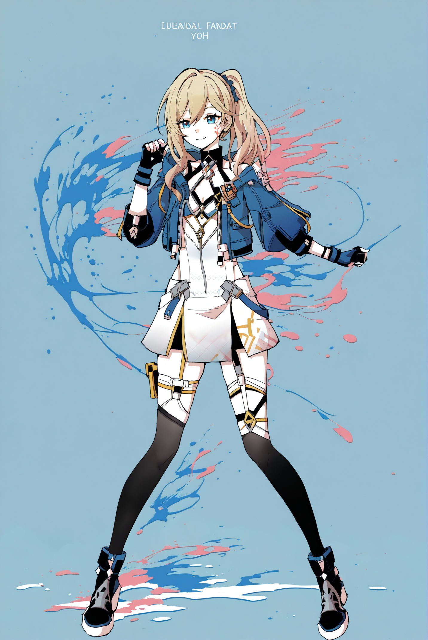 masterpiece,best quality,flat color,illustration,jijia,2d,anime,artist:hey,monochrome,<lora:jijia-gnoobv-Tanger-000014:0.7>,<lora:dertg-noob-Tanger-000013:0.8>,durandal \(sky bright and clear\) \(honkai impact\),dertg,dertg clothes,1girl,gloves,blue eyes,blonde hair,fingerless gloves,thighhighs,jacket,virtual youtuber,blue jacket,solo,1girl,monochrome,(simple background:1.2),standing,smile,full body,english text,flower,pulling own clothes,outbreak,paint splash,