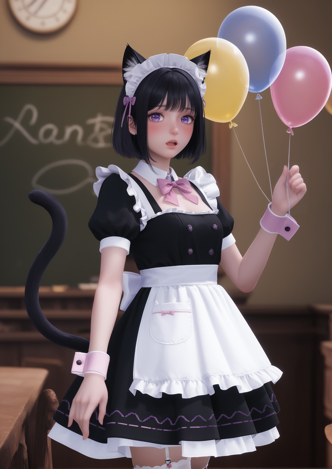 score_10,score_9,score_8_up,score_7_up,animal ears,tail,thighhighs,maid,cat ears,maid headdress,cat tail,solo,black hair,purple eyes,white thighhighs,short hair,apron,garter straps,1girl,open mouth,bow,short sleeves,detached collar,wrist cuffs,balloon,maid apron,looking at viewer,dress,blush,pink bow,frills,indoors,cat girl,puffy sleeves,bowtie,blurry,puffy short sleeves,white apron,chalkboard,blurry background,black dress,animal ear fluff,standing,embarrassed,frilled apron,pink bowtie,