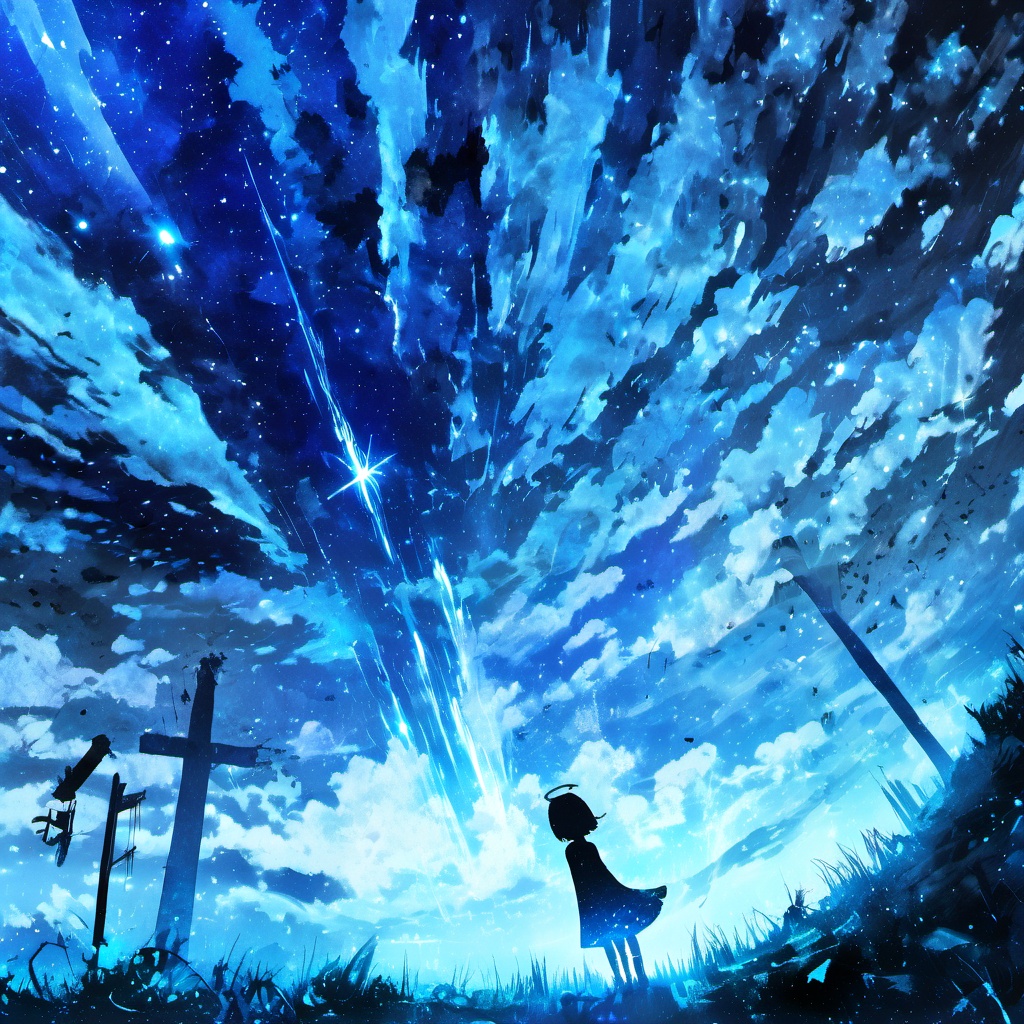 <lora:star_xl_v3:1>,silhouette painting,at night, ethereal ambiance,blue theme,1girl,solo,short hair,dress,standing,monochrome,outdoors,sky,cloud,night,grass,star \(sky\),scenery,starry sky,fantasy,silhouette,surreal,a surreal and ethereal landscape. dominating the scene is,a vast starry sky filled with swirling clouds and radiant beams of light,a star emitting a bright beam of light soars through the sky,a black and blue silhouette of a girl on the ground,the ground is scattered with debris,suggesting a post-apocalyptic or abandoned setting,there are also some structures possibly remnants of buildings,scattered around. the entire scene is bathed in a cool blue hue,a dreamy and otherworldly feel.,ethereal,vast,swirling clouds,radiant beams of light,lone airplane,trail of light,rocky outcrop,apocalyptic,abandoned setting,debris,structures,cool blue hue,