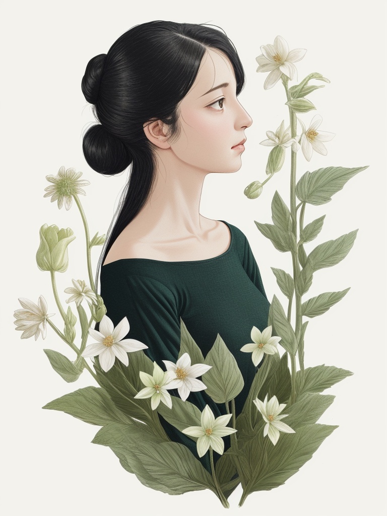 1girl, flowers, home cut, black straight hair, long hair, bun, light cream green, with a simple background of plants, looking away, minimalist and antique style, ,simple background,, .hand