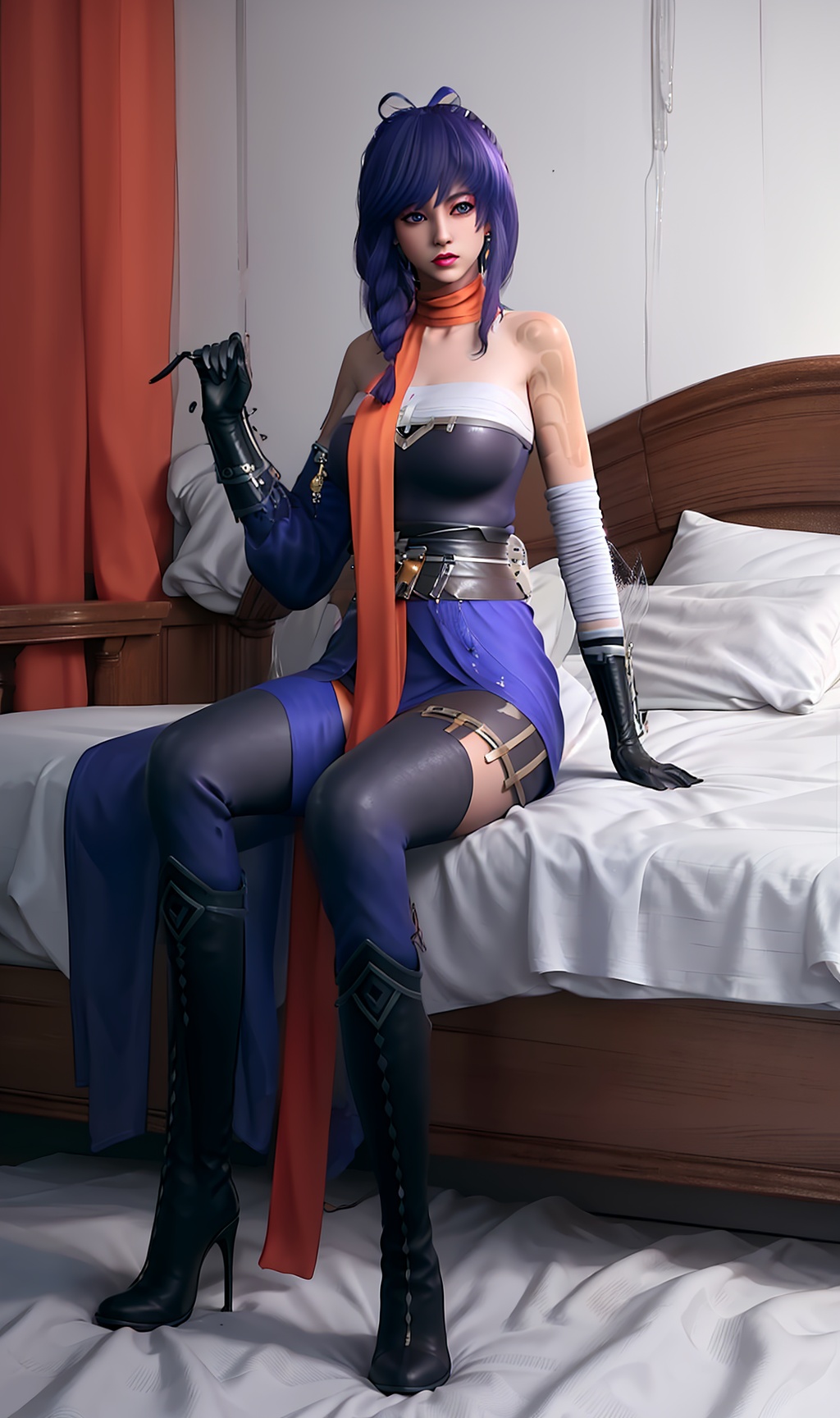 3D,masterpiece,(best quality),(makeup),official art, extremely detailed cg 8k wallpaper,((crystalstexture skin)), (extremely delicate and beautiful),(highly detailed),(face),(collar:1.000),(braid),(tattoo),(scarf),(black_gloves),(closed_mouth),(1girl), (solo), (jewelry), (earrings),(blue_hair),(long_hair),(hair_ornament),(handwear),(breasts),(sitting),((full_body,whole_body)),(dress),(skirt),(shiny_clothes),(long_legs),(city,indoor,bed),(multicolored_clothes),(multicolored_dress),(animal_tail),,(sash)),(black_pantyhose),(tail),,((looking_at_viewer)),((Facing the camera)),(boots),(knee_boots),, <lora:hipoly3DModelLora_v10:0.3>