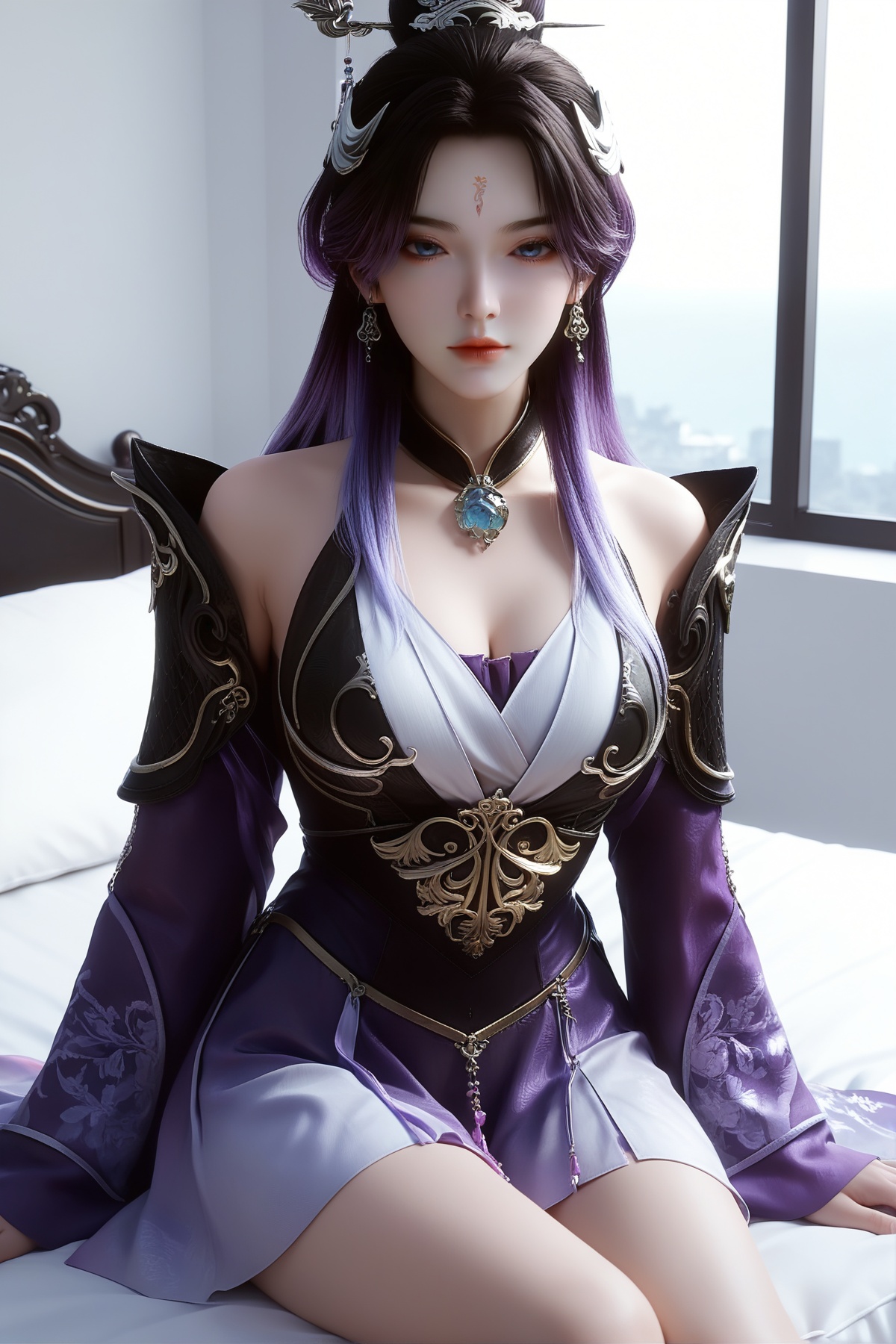 score_9,score_8_up,score_7_up,<lora:wy_dinxue_XL7.0:0.8>,black hair,purple hair,gradient hair,forehead mark,blue eyes,1girl,long hair,breast,medium breast,hair_ornament,dress,purple_dress,sitting,thick_thighs,simple background,white_background,bed,looking_at_viewer,window,