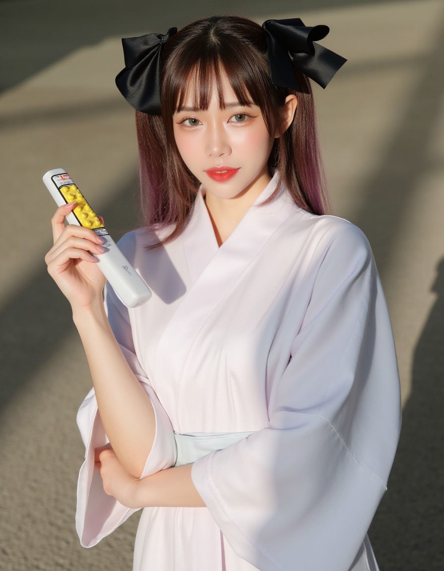 a medium-sized Asian woman,dressed in a kimono-style dress,is adorned with a white belt tied around her waist. Her hair is pulled back in a ponytail,adorned with two black bows,adding a pop of color to her outfit. She is holding a yellow and white remote control in her left hand,while her right hand rests on her right arm. The backdrop,a shadow of a person's shadow can be seen on the right side of the image.,