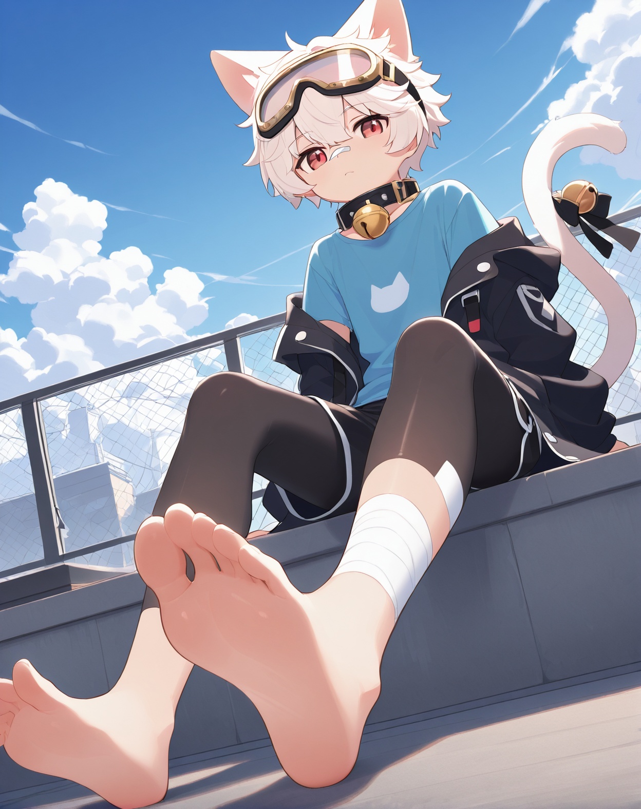cat boy,1boy,solo,male_focus,(white_hair:0.8),red eyes,(floppy_ears,lop_cat_ears),[bell on collar,Collar,Cortical collar,Large collar],(blue t-shirt,black_leggings under shorts,black bike_shorts),(barefoot) BREAK dutch angle,vanishing point,sitting on rooftop,(blue sky,cloud,wind),(masterpiece, best quality:1.1),foot focus,goggles on head,bandage on nose,bandage on leg,Tail decoration,cat tail,Open coat,bare,body fur,anthro,