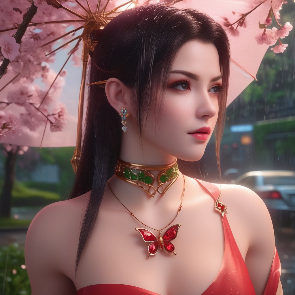 <lora:850-DA-XL-斗破苍穹-美杜莎-红色睡衣:0.8>, (,1girl, ,best quality, ),,  ,,ultra detailed 8k cg, ultra detailed background ,ultra realistic 8k cg,          cinematic lighting, cinematic bloom, (( , )),,  , unreal, science fiction,  luxury, jewelry, diamond, pearl, gem, sapphire, ruby, emerald, intricate detail, delicate pattern, charming, alluring, seductive, erotic, enchanting, hair ornament, necklace, earrings, bracelet, armlet,halo,masterpiece, (( , )),, realistic,science fiction,mole,   ,cherry blossoms,,(((Best quality, masterpiece, ultra high res, (photorealistic:1.4), raw photo, 1girl, ,rain, , sunlight, sunset,     )))  (cleavage),stylish_pose,  (), butterfly,