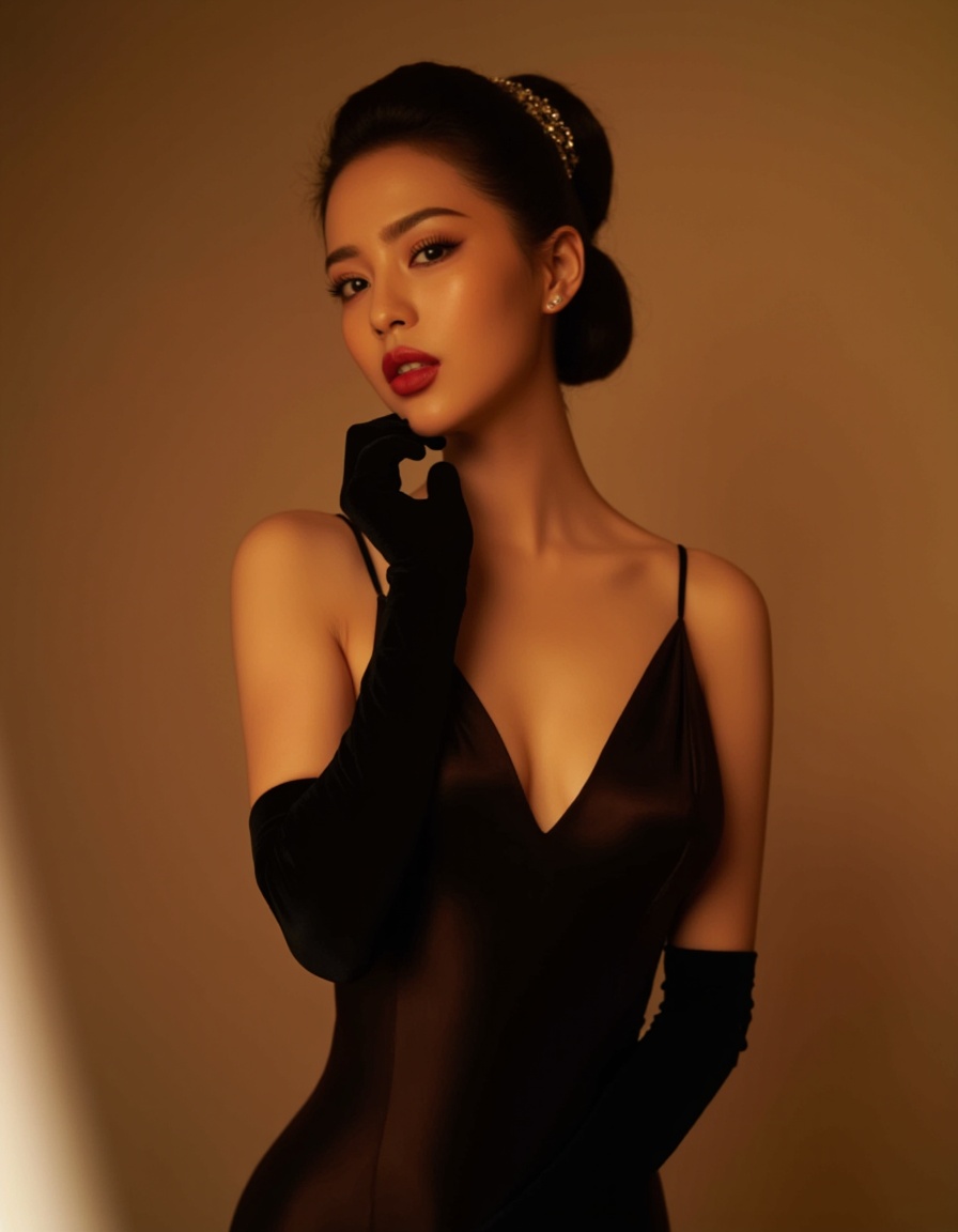 This is a photograph of an Asian woman posing in a sultry,elegant manner. She is standing against a soft,warm background that is likely a gradient of brown and beige tones. Her skin is fair and smooth,with a slight golden hue. Her dark brown hair is styled in an intricate updo,adorned with a sparkling hair accessory that adds a touch of glamour.,She is wearing a form-fitting,black dress with a deep V-neckline that exposes her shoulders and upper back. The dress is made of a luxurious,satin-like fabric that drapes elegantly over her slender frame. She is accessorized with long,black velvet gloves that extend past her elbows,adding a touch of vintage sophistication.,Her makeup is striking,with bold red lipstick and subtle eyeshadow that enhances her large,expressive eyes. She is gazing directly into the camera with a seductive expression,her lips slightly parted and her right gloved hand gently touching her cheek.,In the foreground,there is a soft,warm light source that casts a gentle glow,highlighting her features and creating a warm,intimate atmosphere. The overall mood of the photograph is elegant and sensual,with a vintage-inspired aesthetic.,