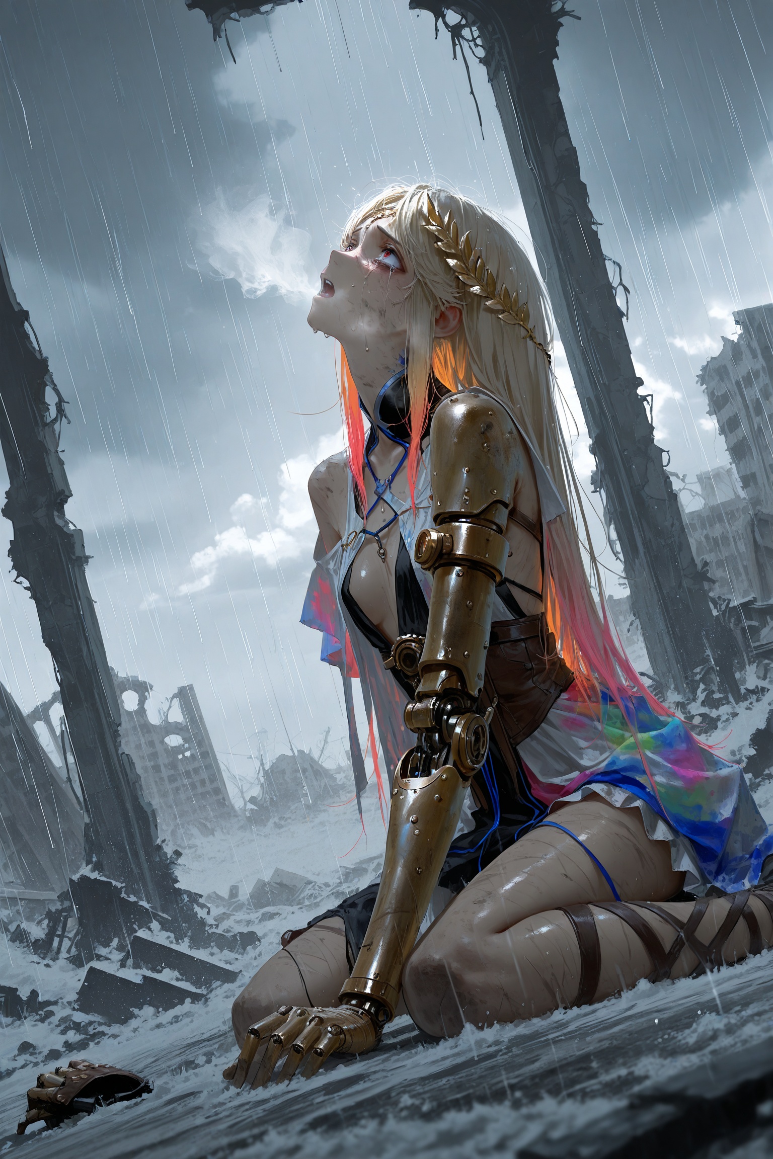 cartethyia \(wuthering waves\),armour,masterpiece,best quality,amazing quality,very aesthetic,absurdres,newest,in the style of fashion photography,light particles,cinematic lighting,Visual impact,sharp focus,Emotionalization,depth of field,dynamic pose,dutch angle,extreme aesthetic,scenery,(dino_(dinoartforame):0.5),(yoneyama mai:0.5),(Yomu:0.3),(quasarcake:0.5),(wlop:0.5),1girl,the girl is in the ruins,the terrible blizzard cover the ground,breathing fast,hot,shivering,injured,one hand covering the other,mechanical arm,steampunk,gold_skin,colorful clothes,dusty appearance,despair,looking at the sky,clouds,rain,rain dripping on the face,cyberpunk,dirty,broken,